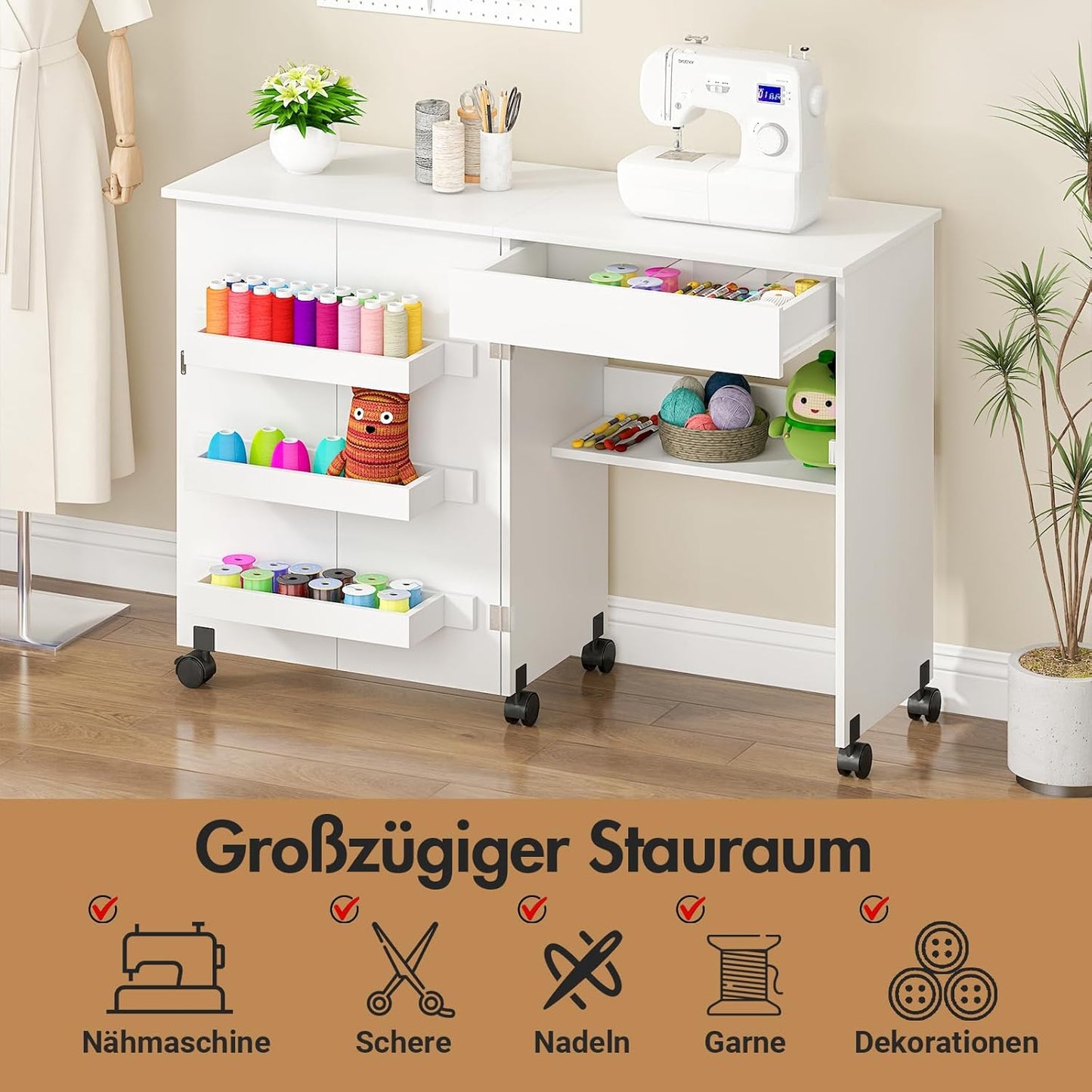 Klappbarer Nähtisch mit Ablagefächern, Weiß