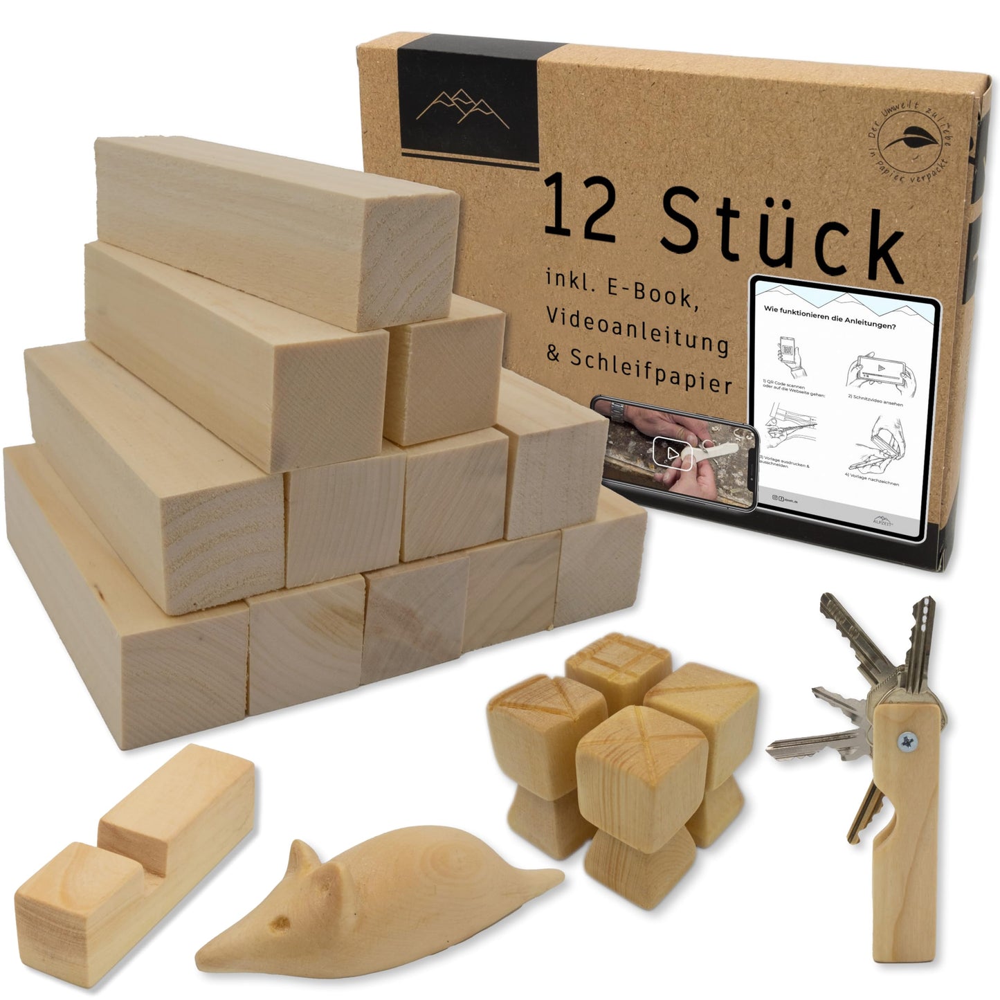 12-teiliges Schnitzholz-Rohlinge Set, Heimisches Lindenholz