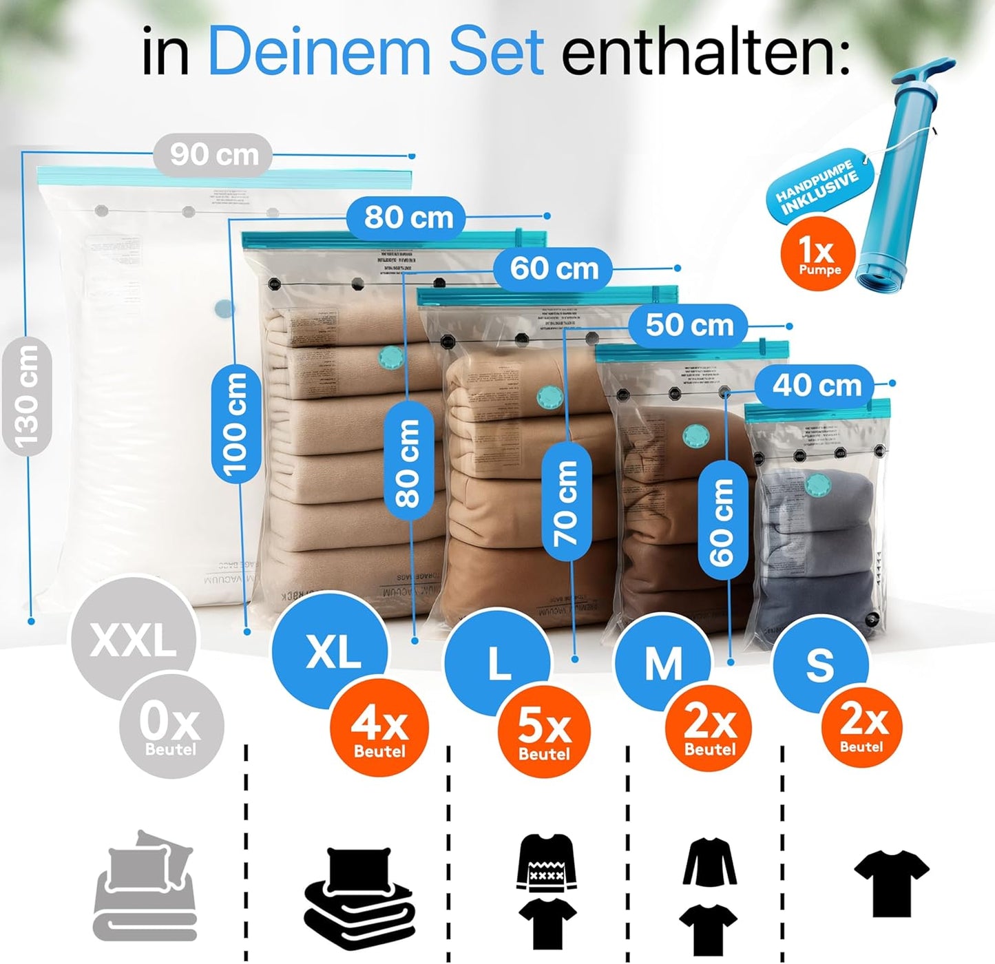 13-teiliges Vakuumbeutel-Set mit Handpumpe, 13 Beutel + 1 Pumpe