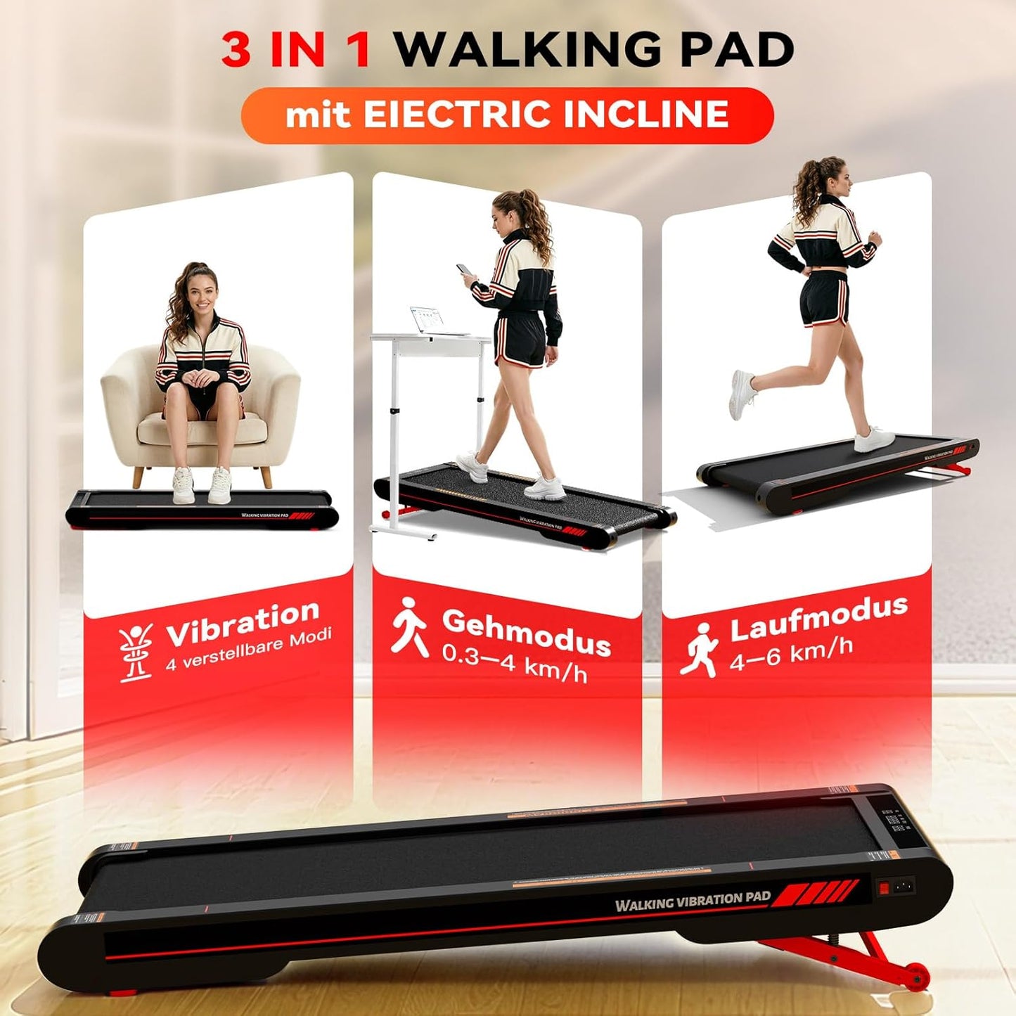 Laufband mit Vibrationsfunktion, Rot-Grau