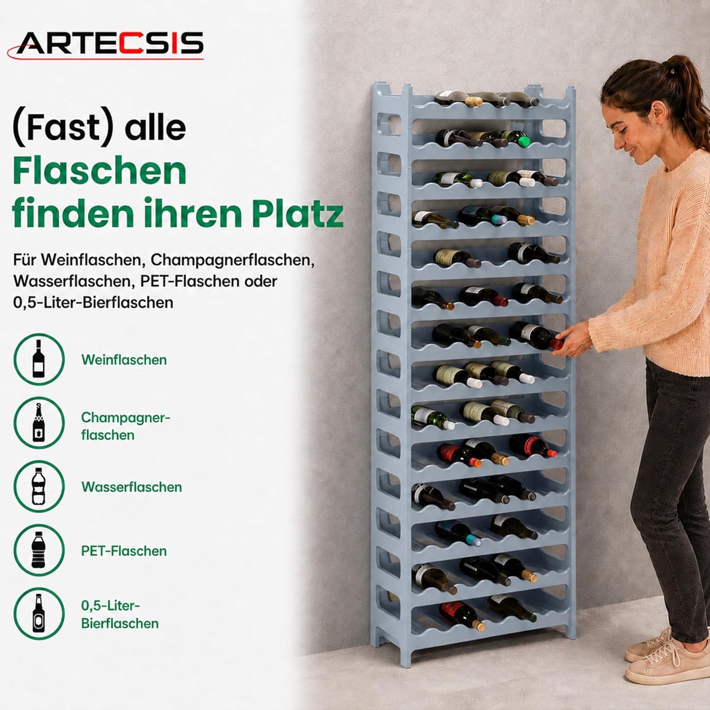 Stapelbares Weinregal, Betongrau 72 Flaschen