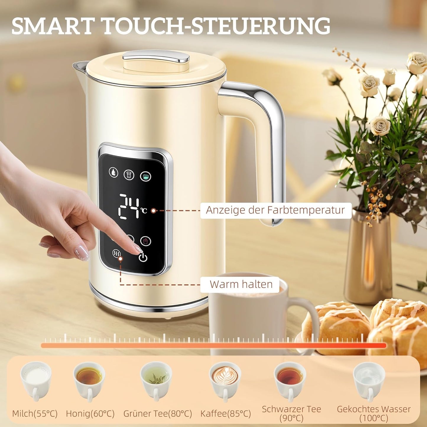 Wasserkocher-Toaster Frühstücksset mit LED-Touchscreen, Cremeweiß