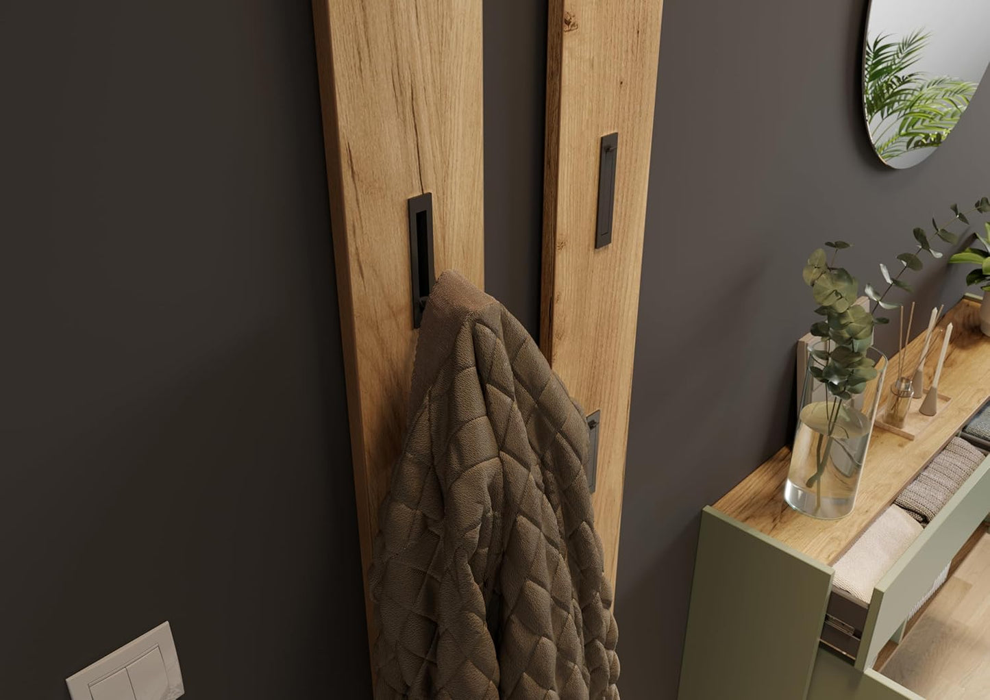 Hängender Schuhschrank Ameca, Schuhschrank Breit Taupegrün/Eiche