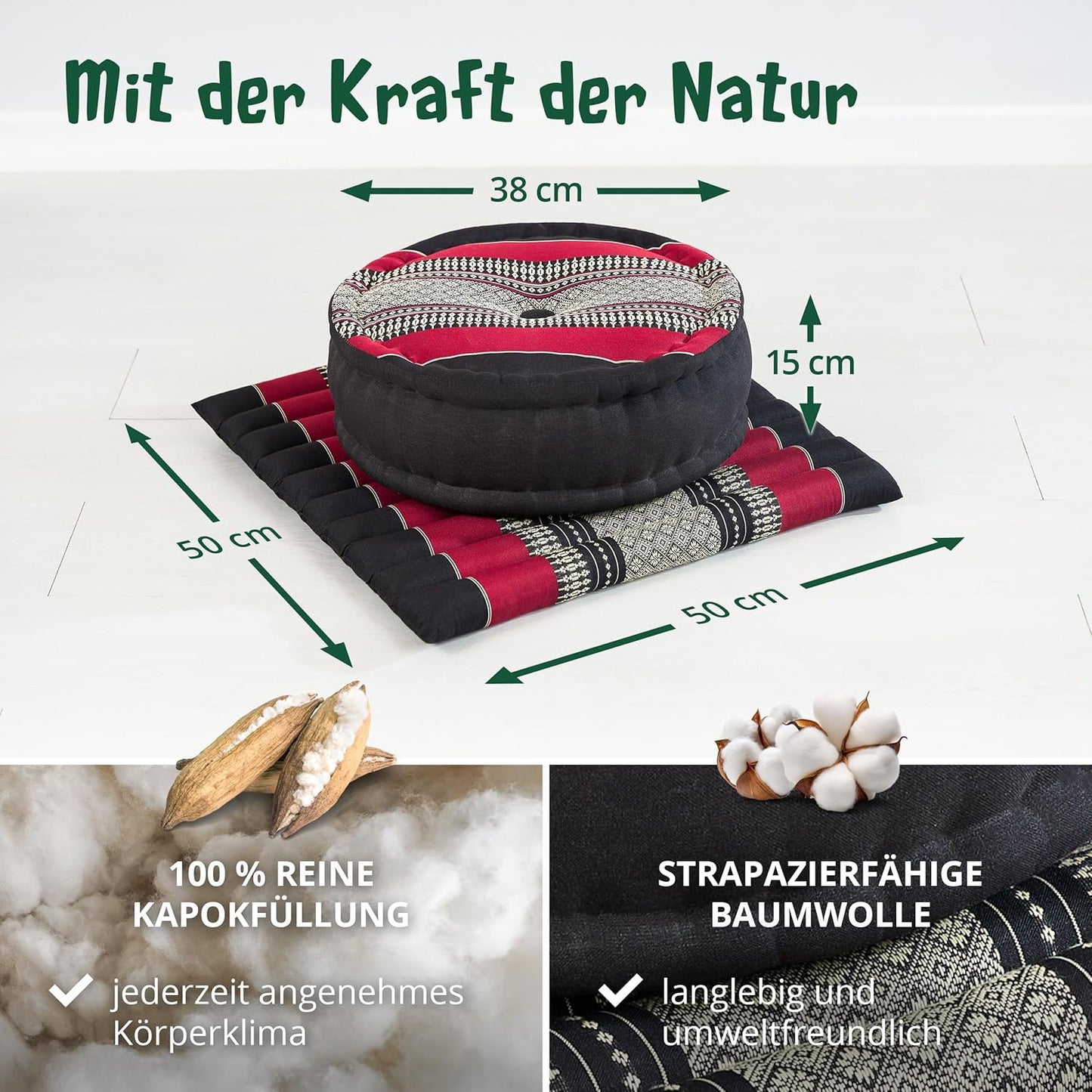 Meditationsset mit Kissen und Matte, Schwarz/Rot