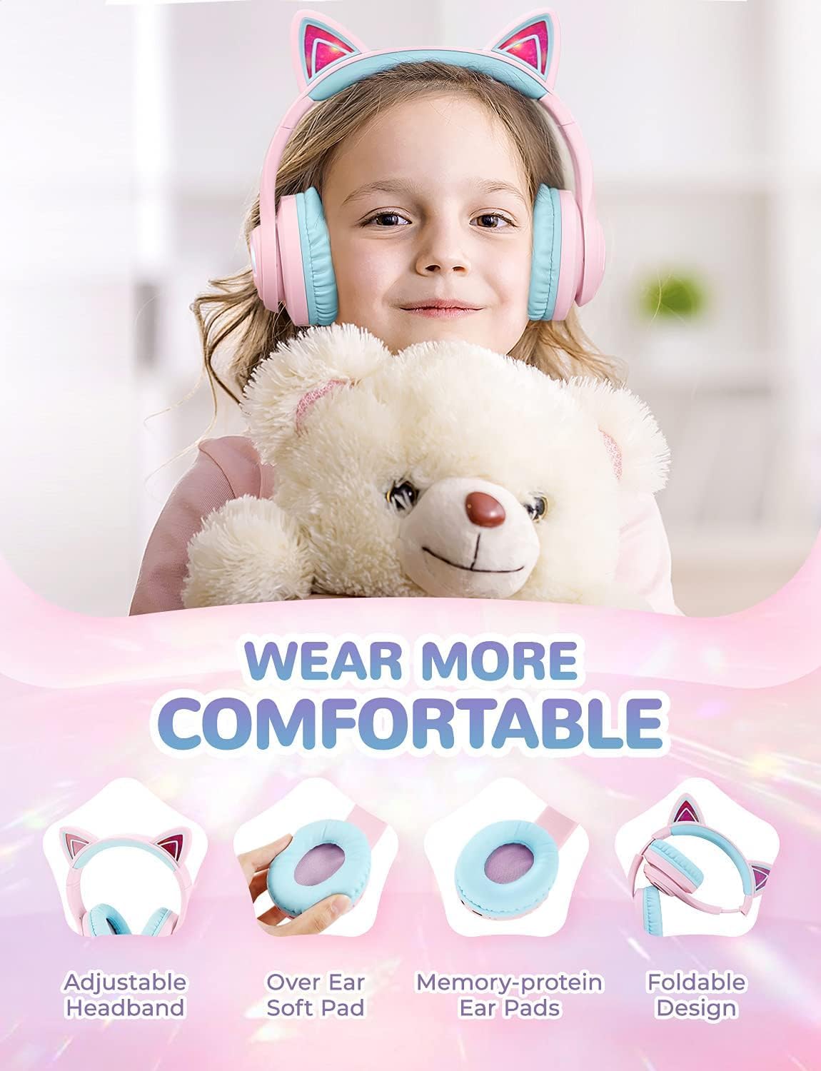 Bluetooth-Kinderkopfhörer mit LED-Katzenohren, Rosa