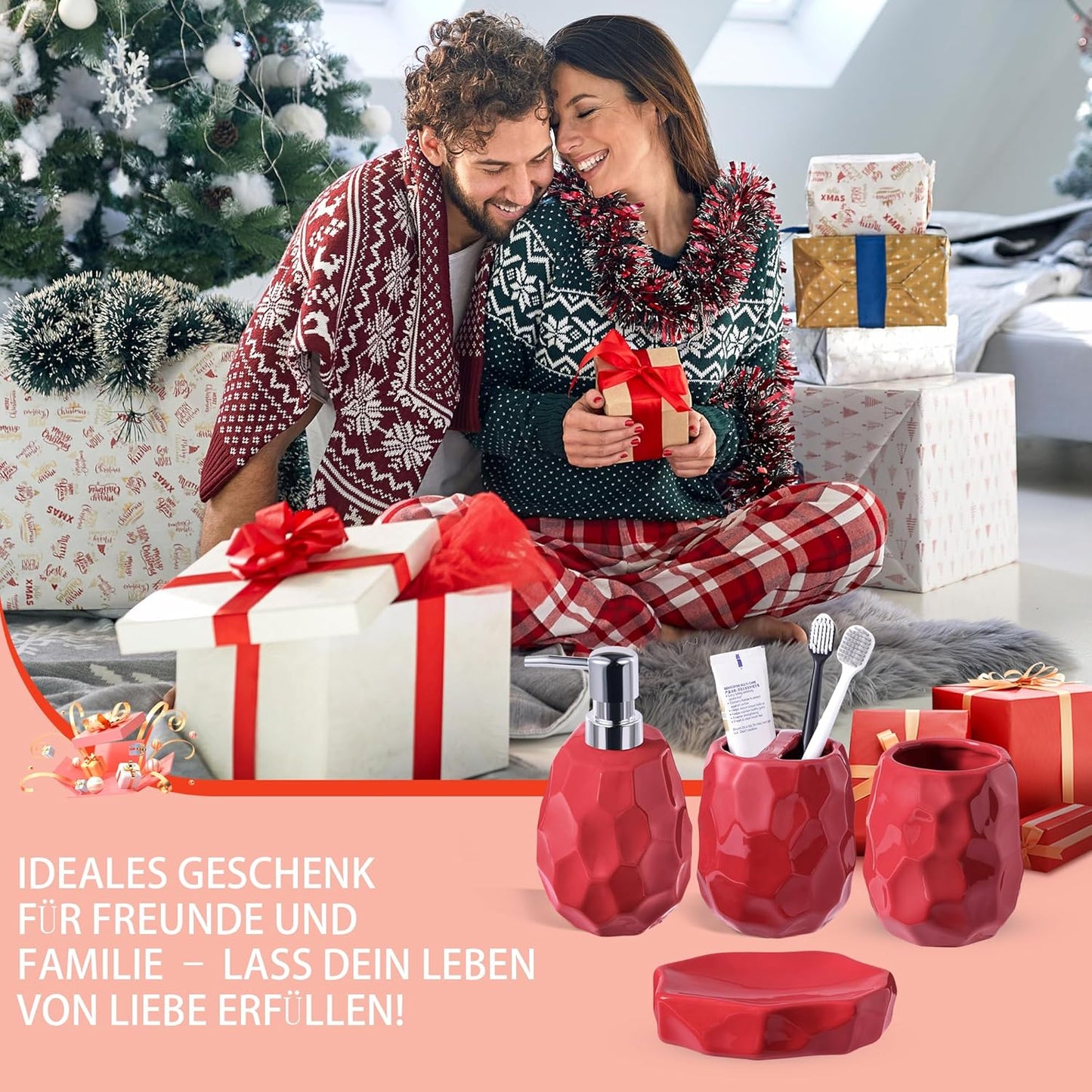 4-teiliges Badezimmer-Zubehör-Set, Rot