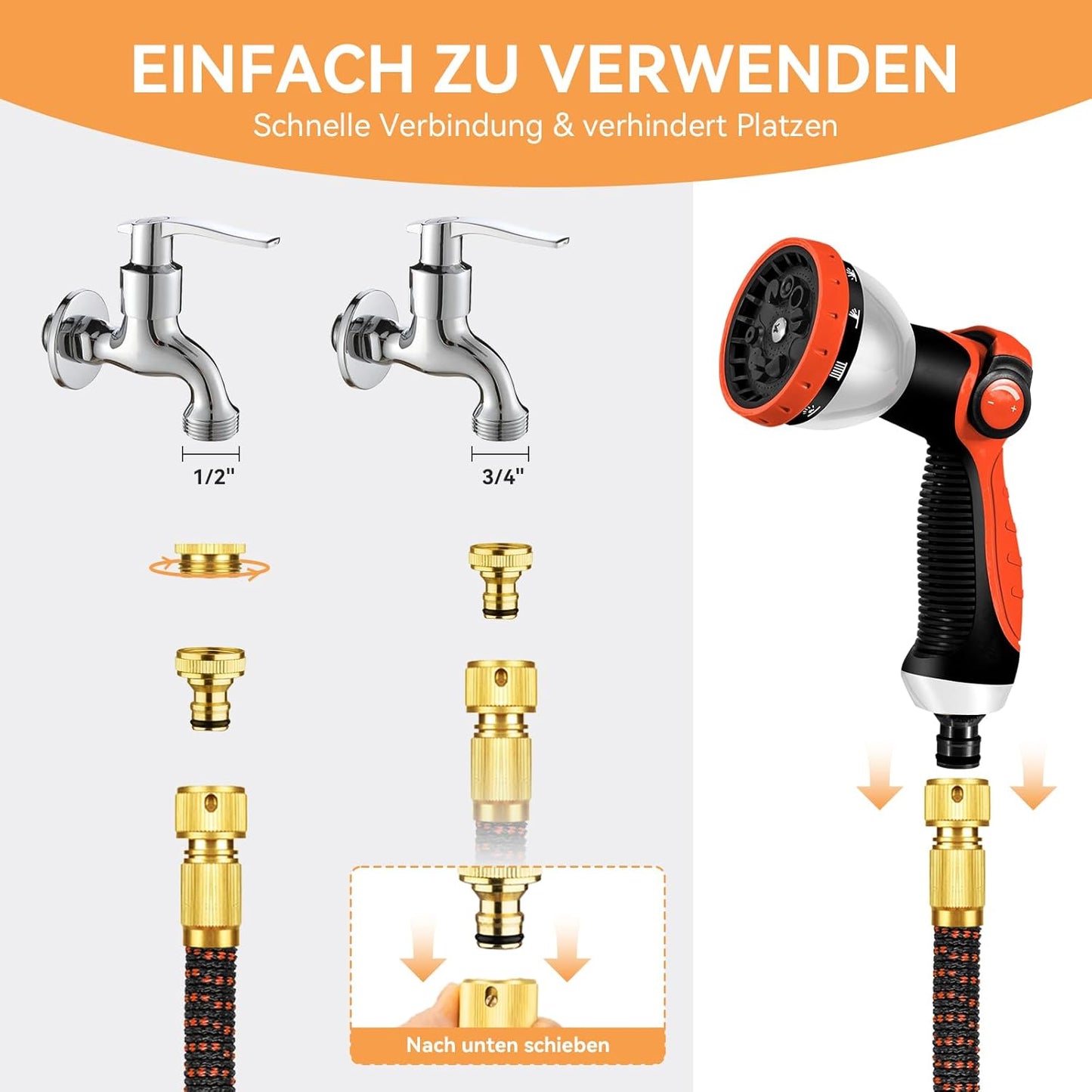 Flexibler Gartenschlauch mit Metallanschlüssen, 15M/50FT Schwarz-orange