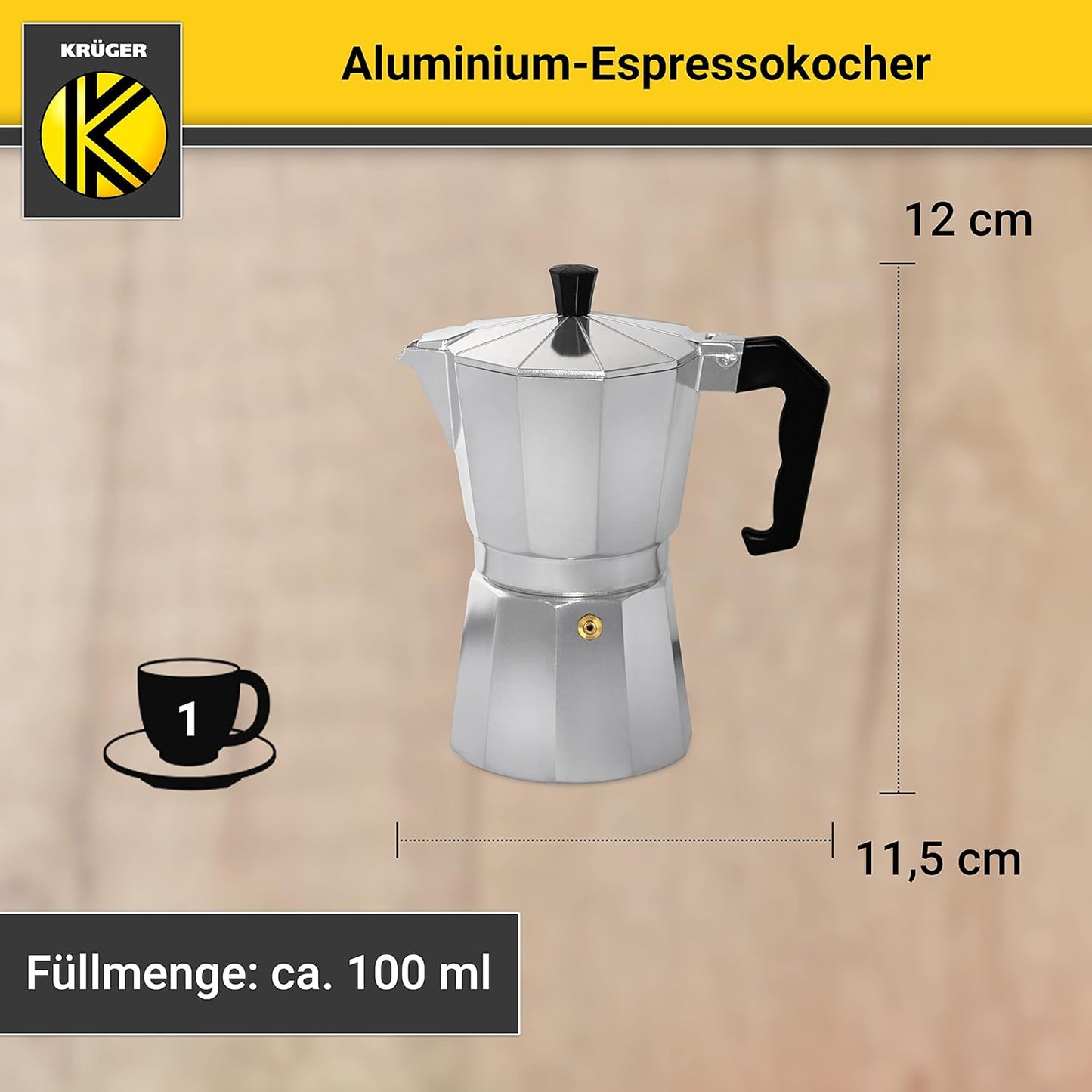 Espressokocher mit Sicherheitsventil (1 Tasse), Silber 1 Tasse