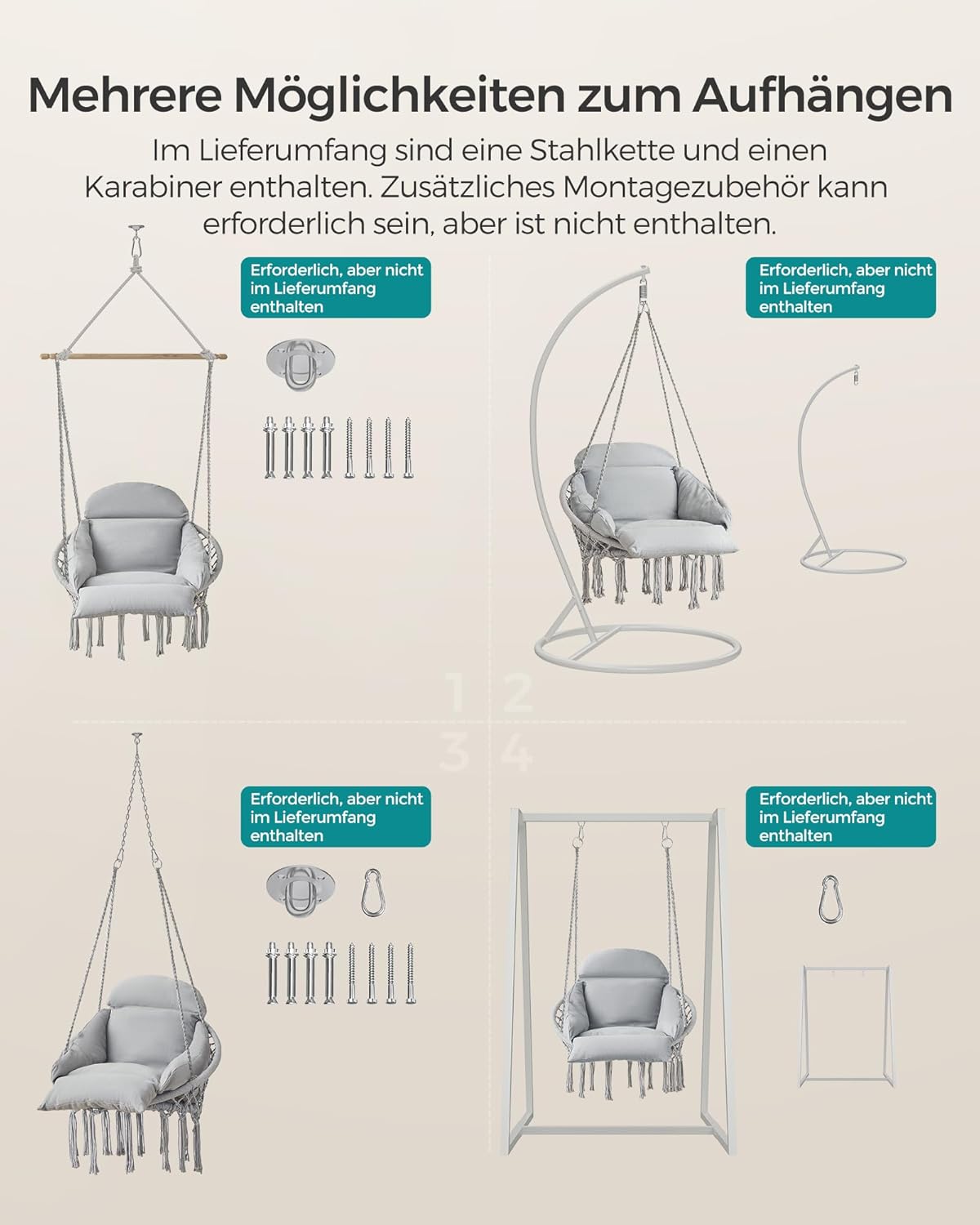 Hängesessel mit Kissen und Zubehör