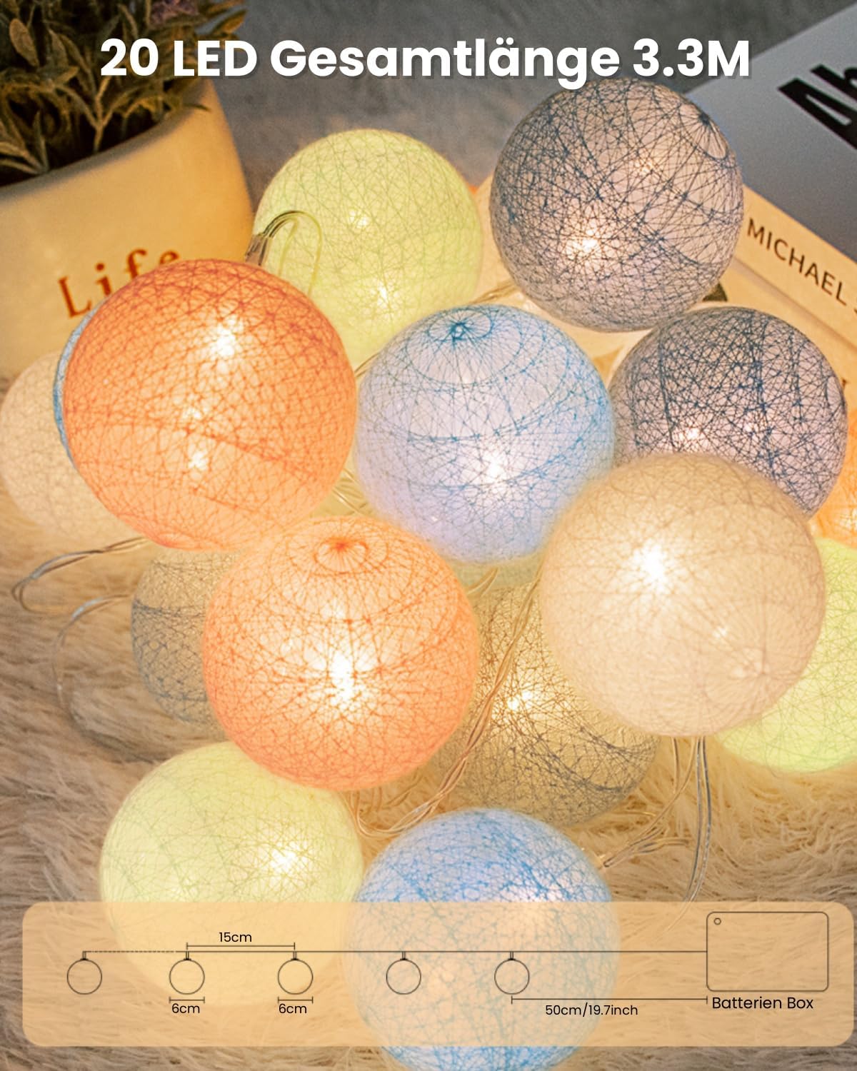 Lichterkette Lampions 20 LED mit Cotton Balls, Batterie Mehrfarbig