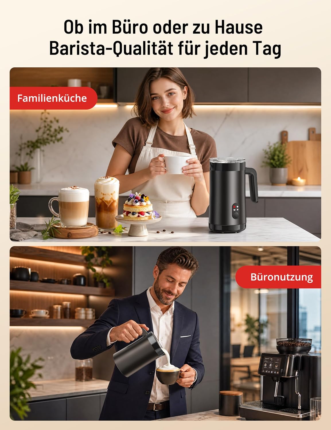 4-in-1 Elektrischer Milchaufschäumer 400ml für Kaffeegetränke, Schwarz