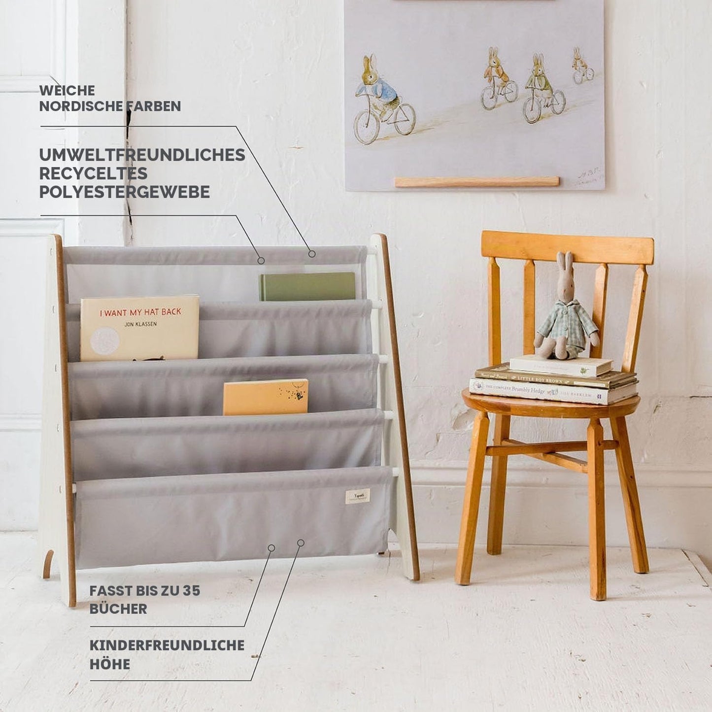 Kinder Bücherregal aus Holz, Montessori Regal, Hellgrau
