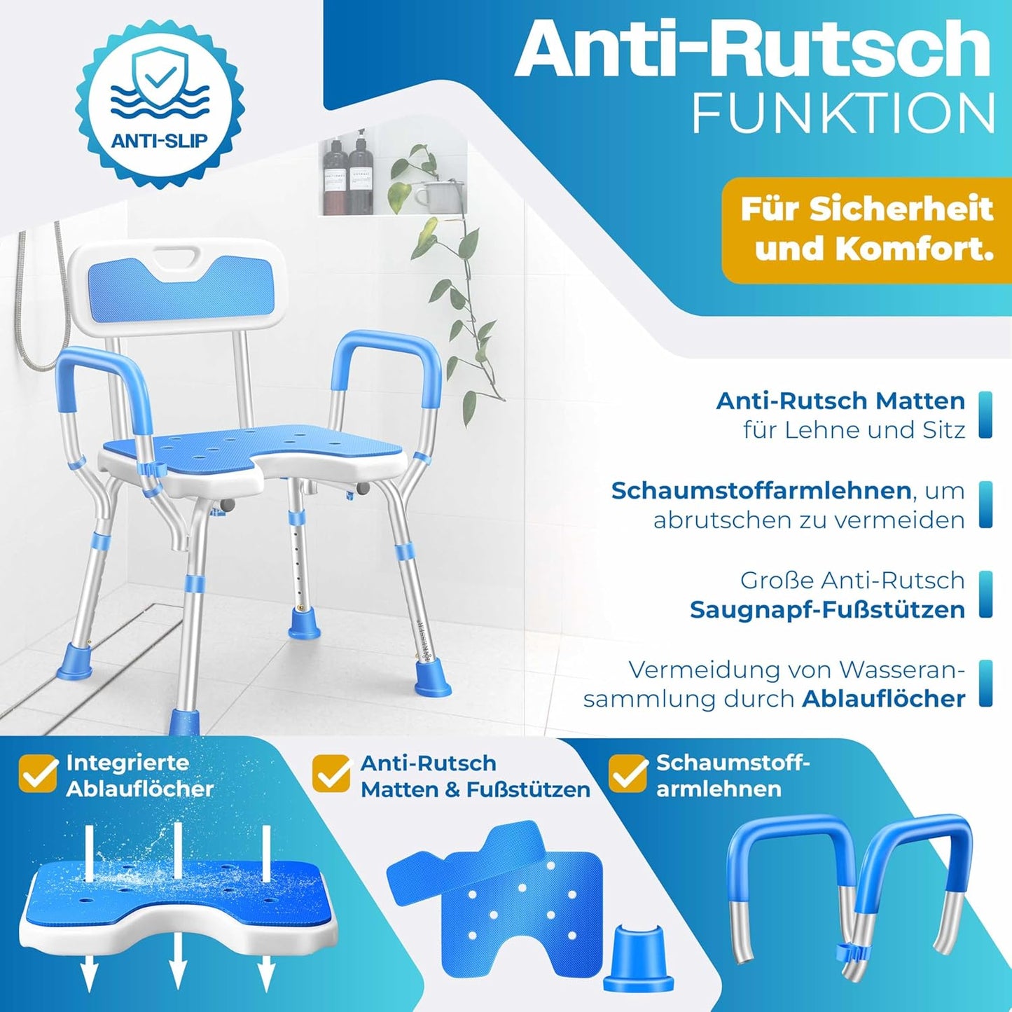 Höhenverstellbarer Duschhocker mit Lehne, Weiss / Blau
