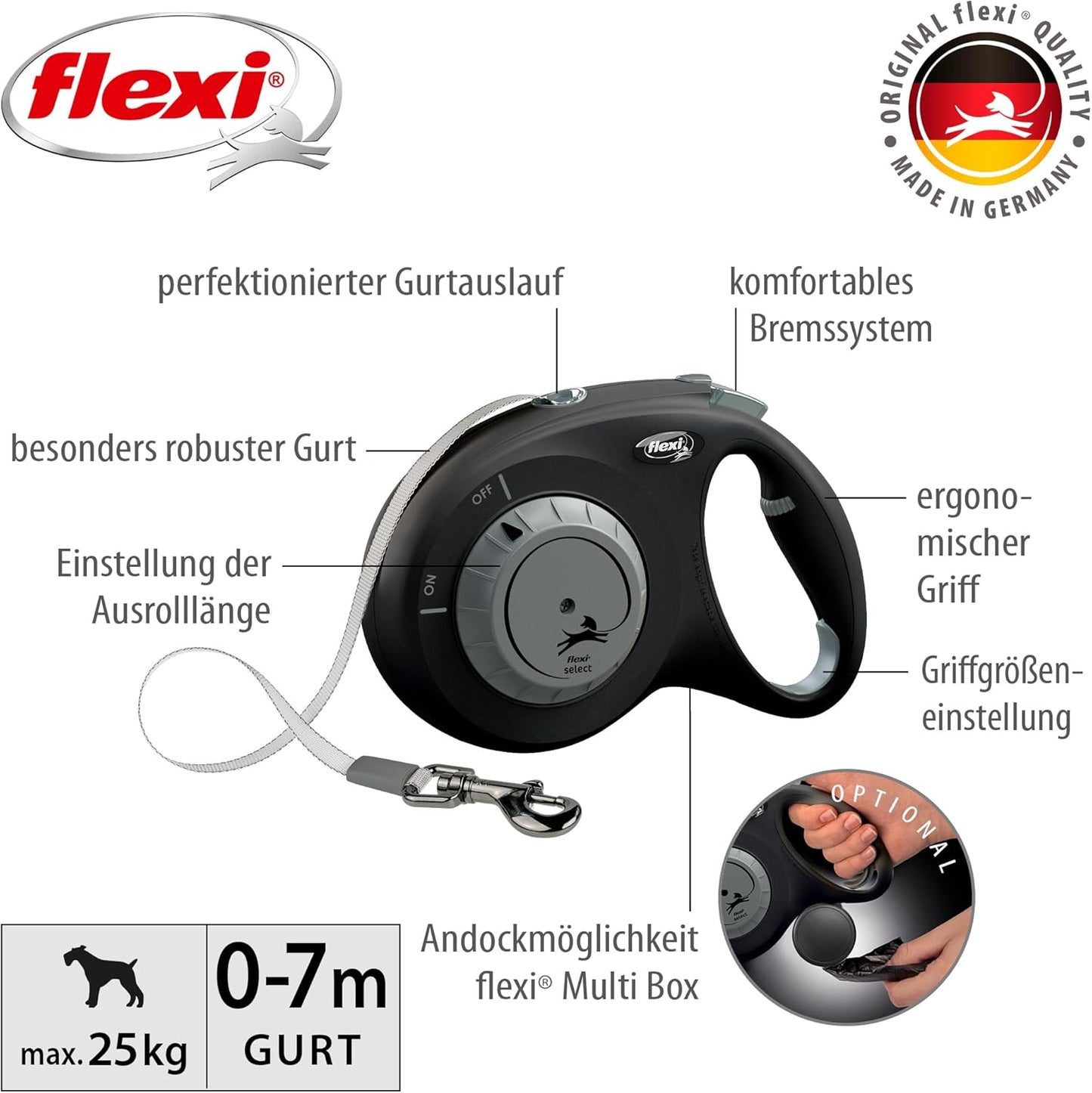Roll-Leine für Hunde bis 25 kg, 7 m, M: 0-7m (max. 25kg) schwarz