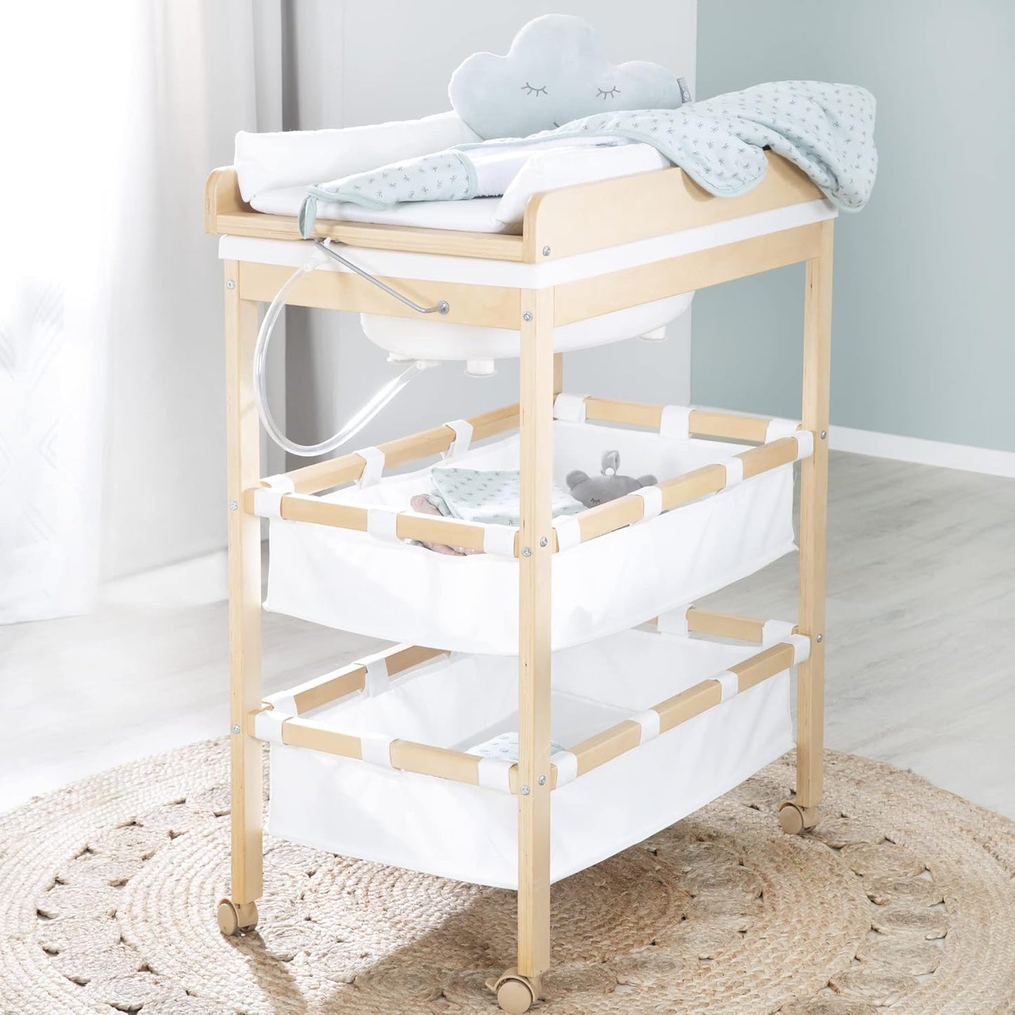 Bade-Wickel-Kombi mit integrierter Babywanne, Natur / Weiß - Klappbar