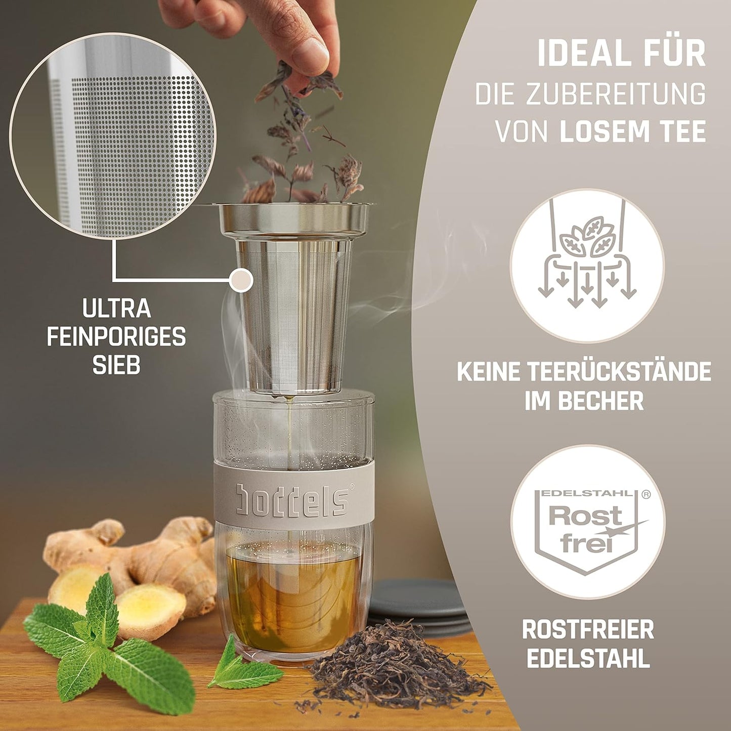 Doppelwandiger Teebecher mit Edelstahl-Sieb, 380ml, Taupe