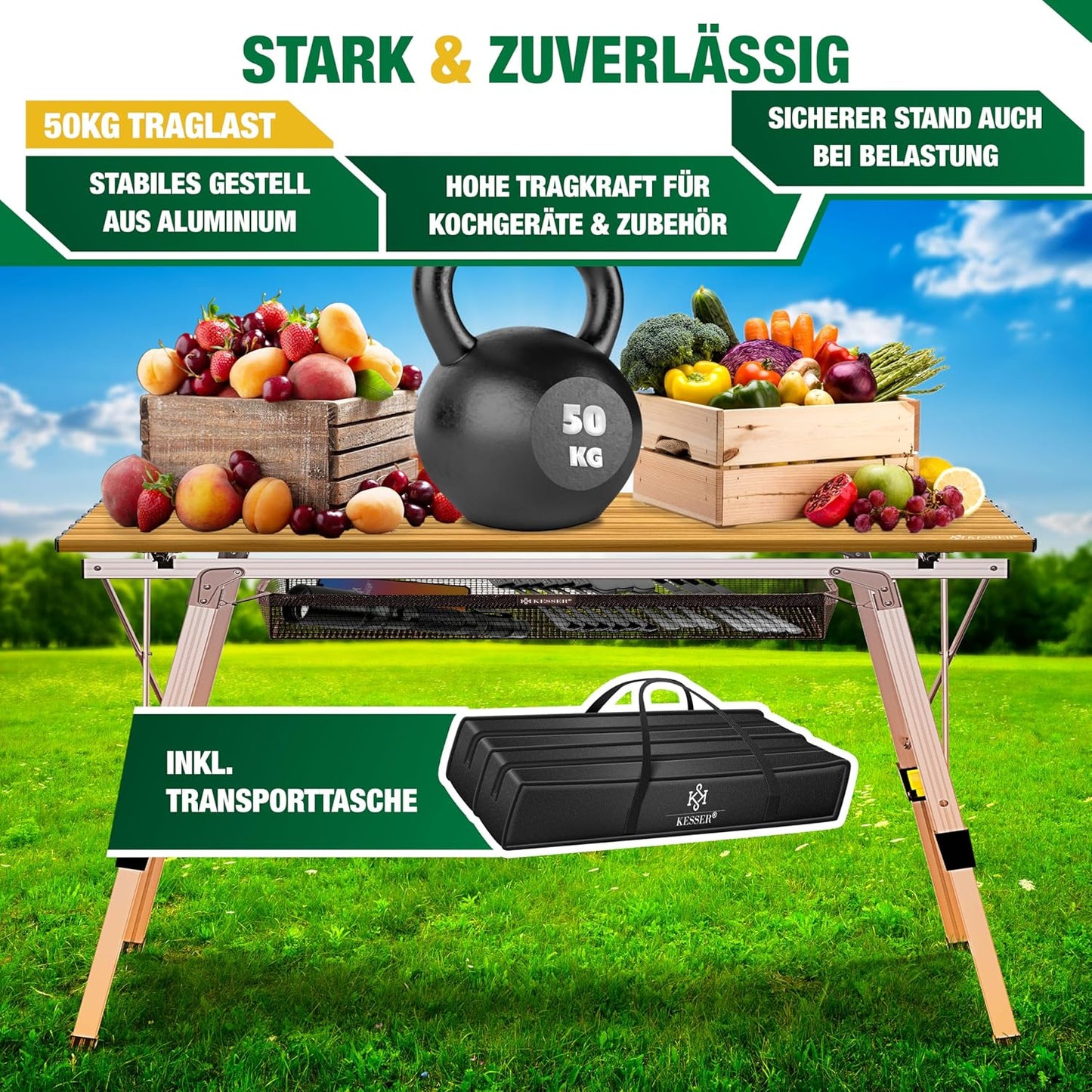 Faltbarer Campingtisch mit Aluminiumrahmen 90x53 cm, 90 cm x 53 cm Holz-optik
