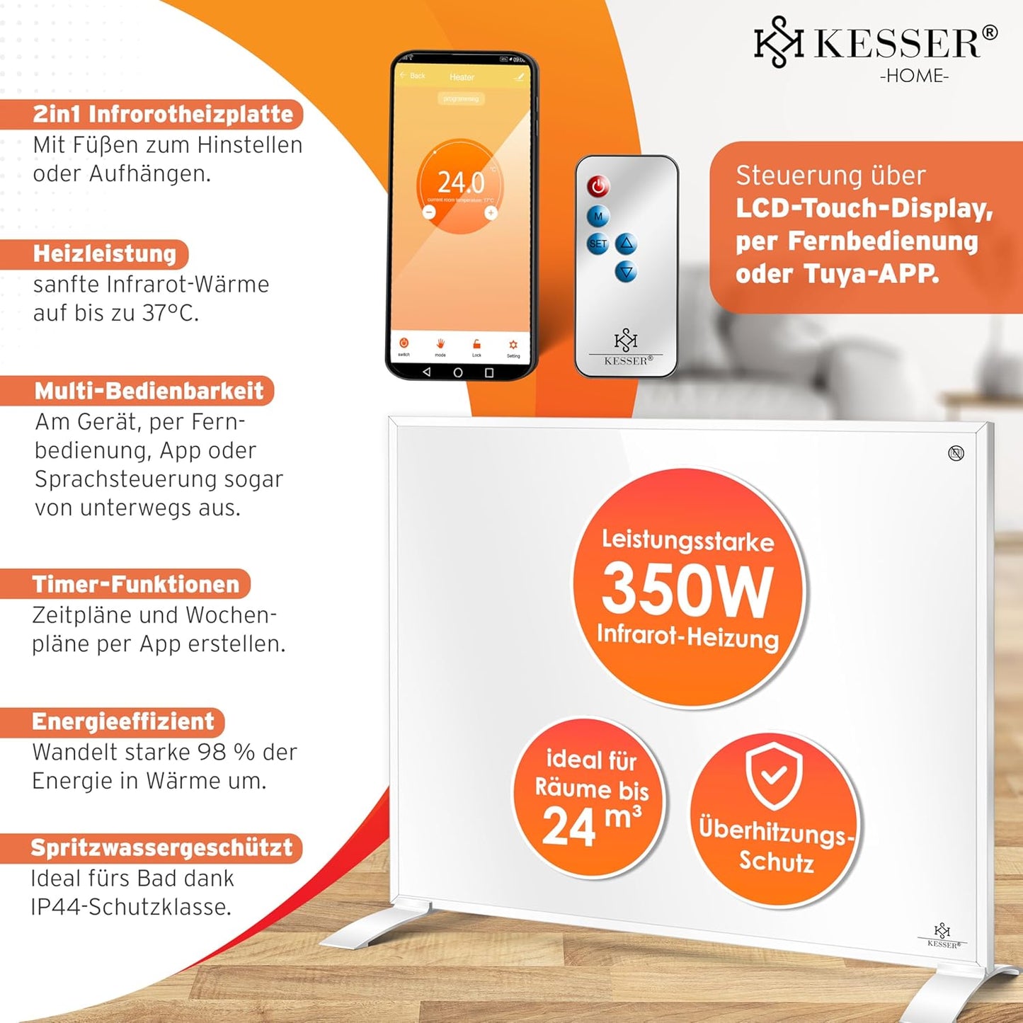 Infrarotheizung mit App-Steuerung, 350W