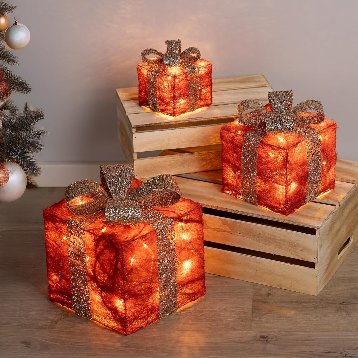3er-Set LED-Geschenkboxen mit Timer, Rot-gold