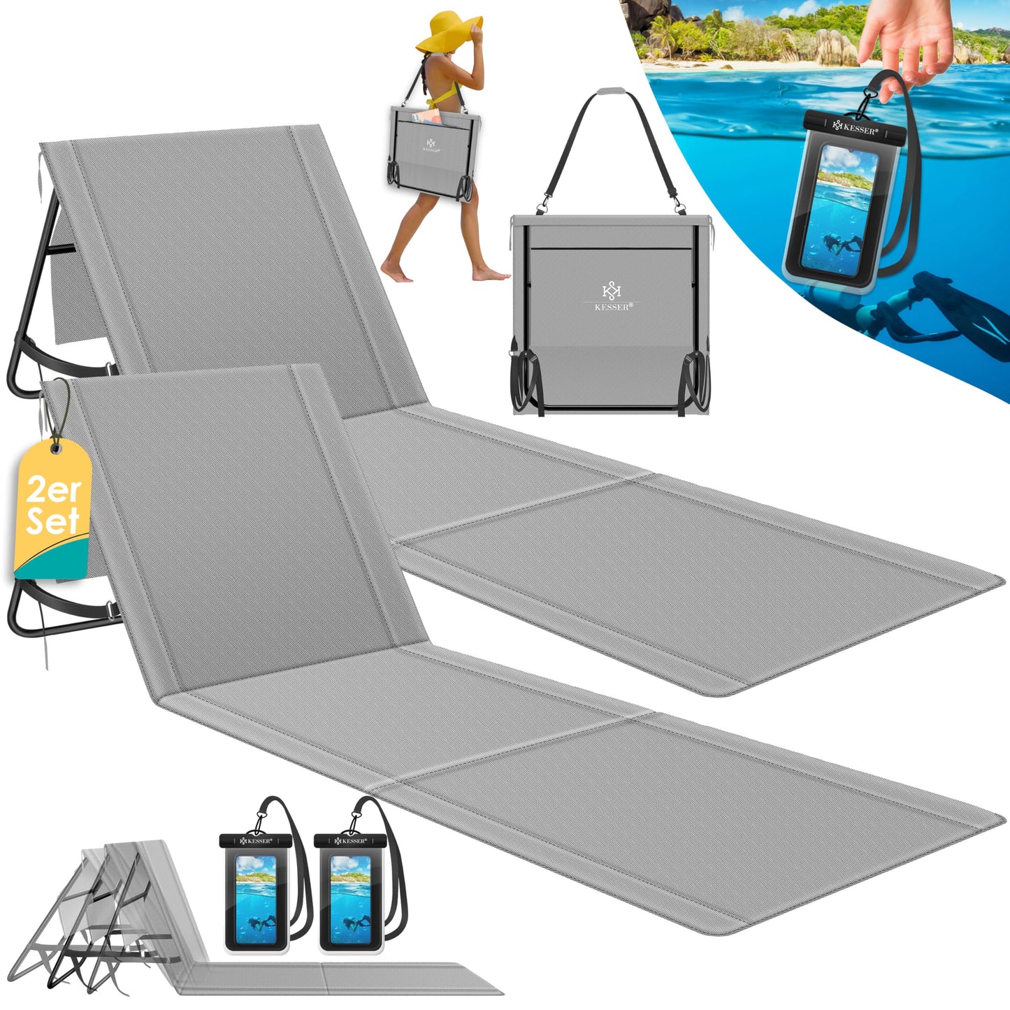 Klappbare Strandmatte mit verstellbarer Rückenlehne und Tragegurt 2er-Set, 2 Stück Grau