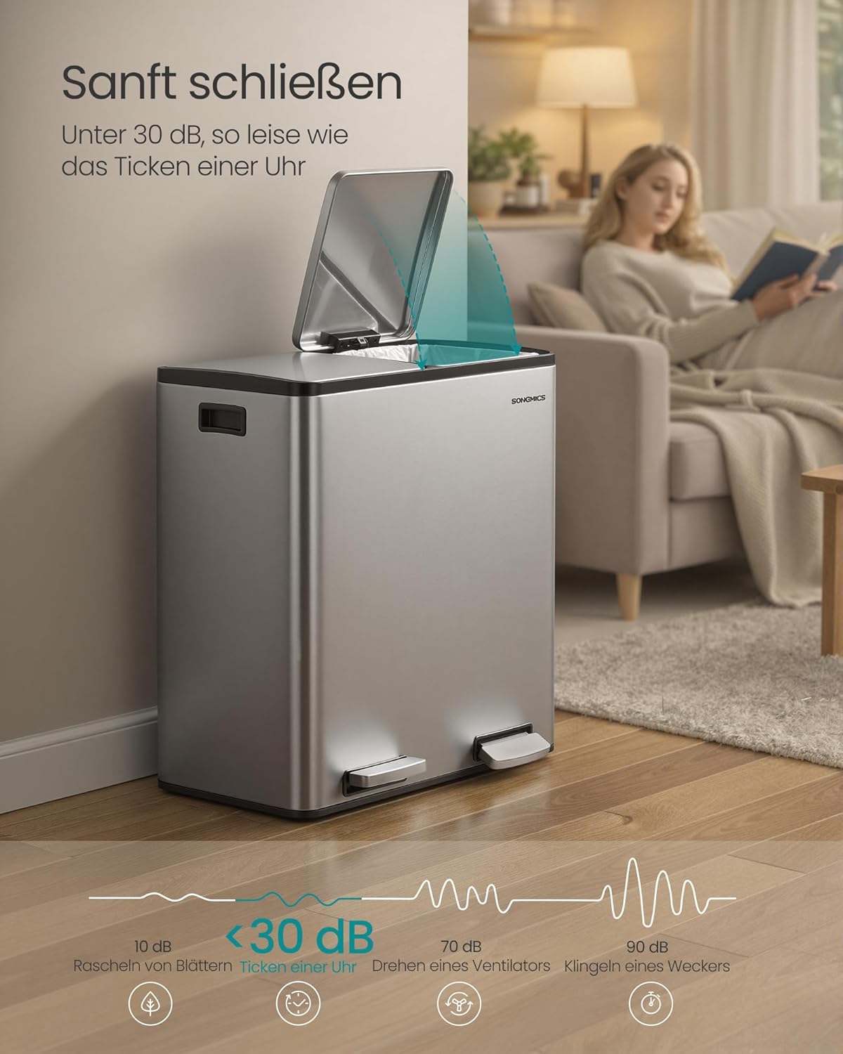 Tretmülleimer mit Softclose-Deckel, silbern 2 x 30 L