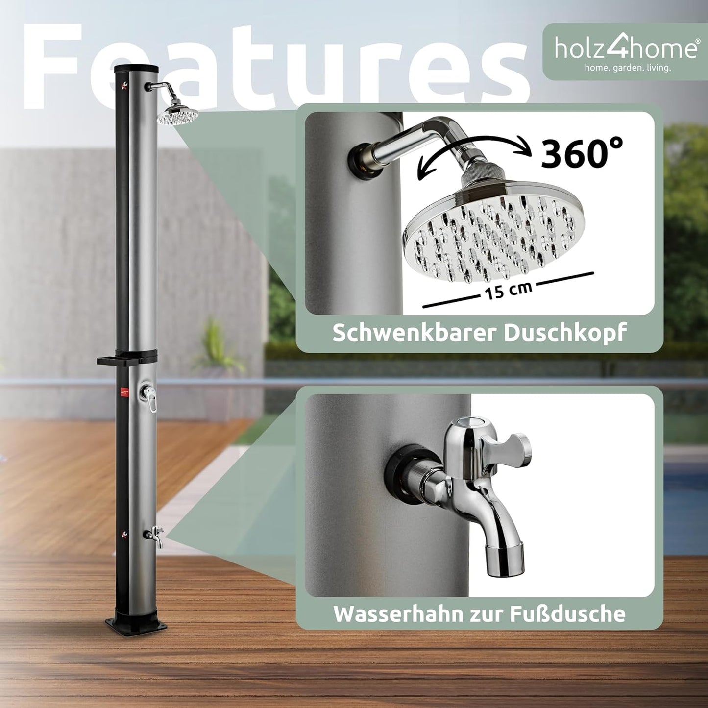 Solardusche mit Warmwasserfunktion inkl. Schutzhaube, Wasserhahn und Seifenablage, 35 L