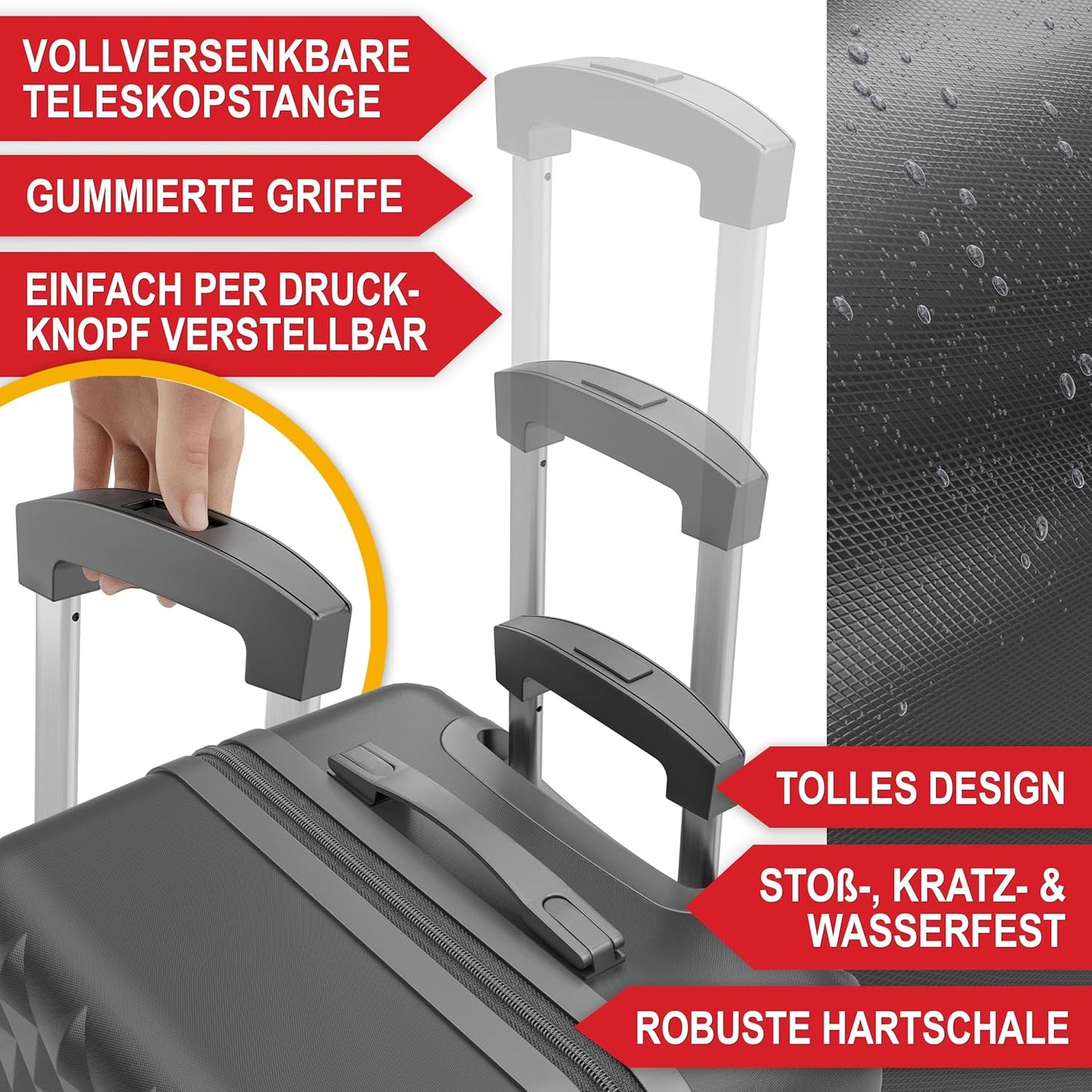 4-teiliges Kofferset mit TSA-Schloss und Zubehör, Schwarz