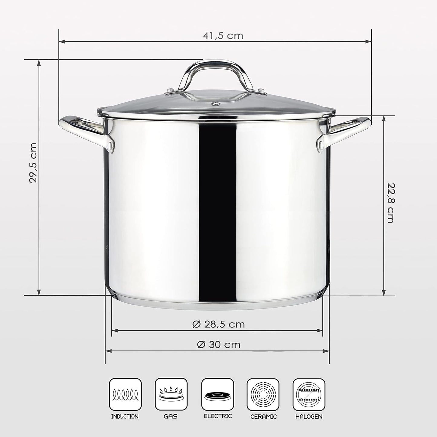 Kochtopf mit Glasdeckel, 15 liter