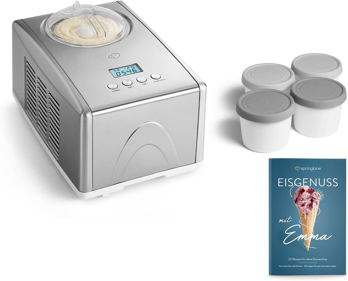 Eismaschine Emma, Silber Emma Silber + 4 Eisbehälter Mini Grau
