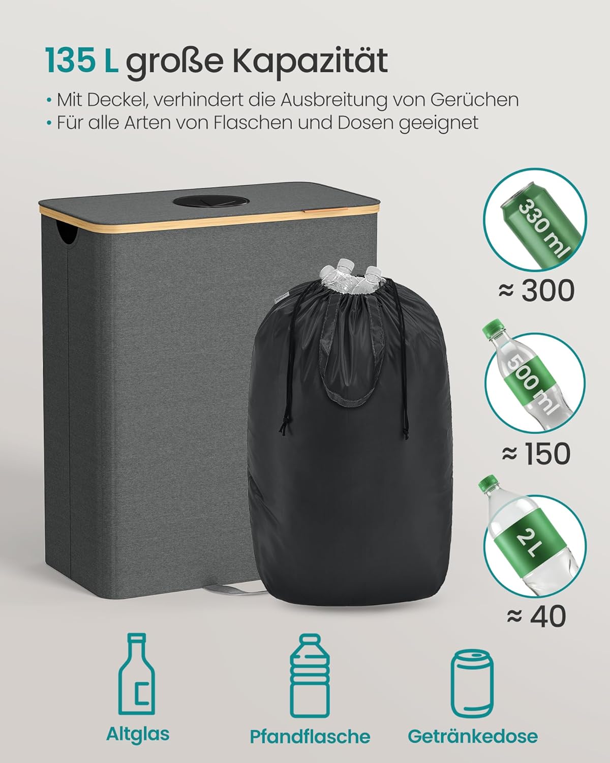 Pfandflaschen-Sammelbehälter mit Innensack, Schiefergrau + Naturbeige 135 L