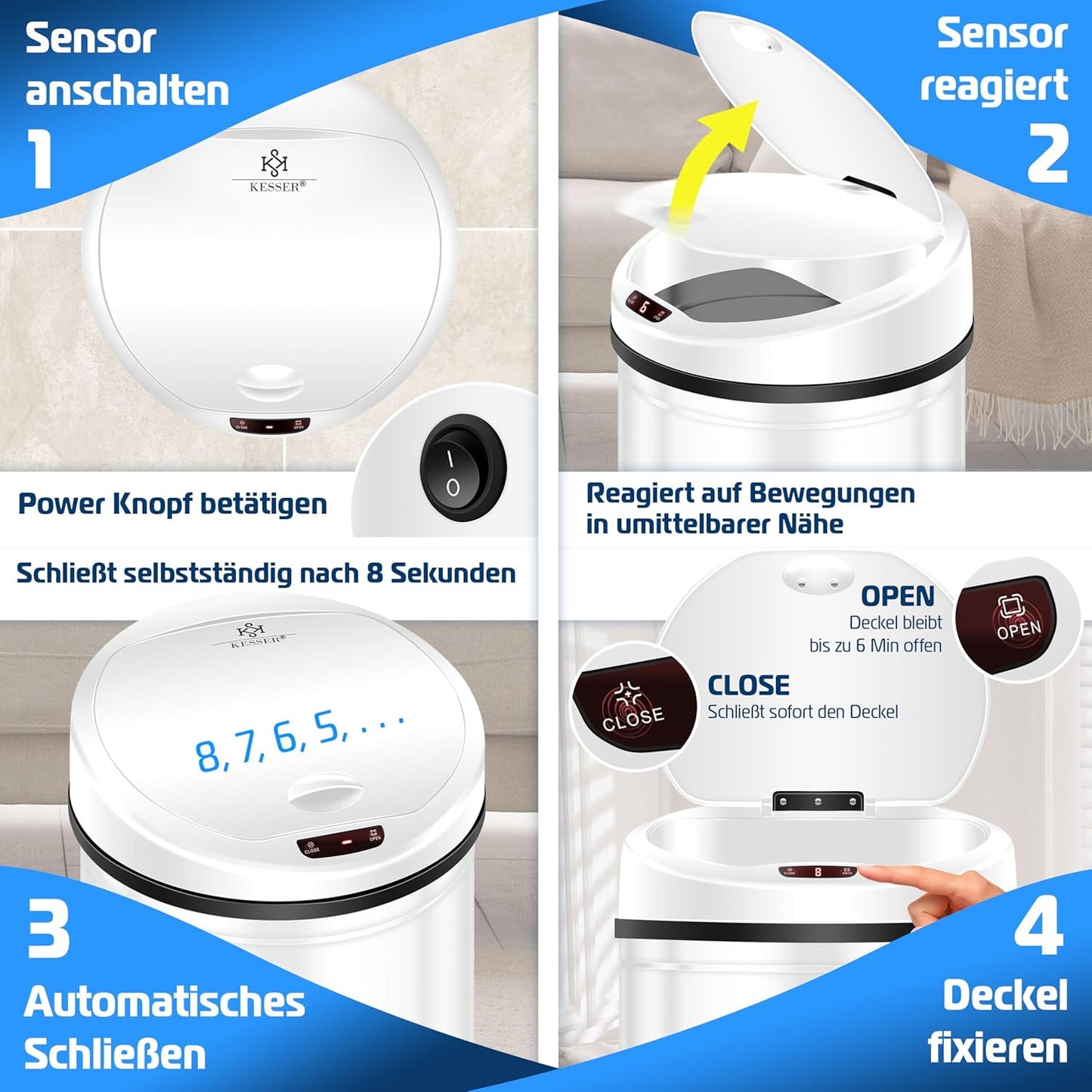 Sensor Mülleimer mit Müllsackhalterung, 56 Liter Weiss