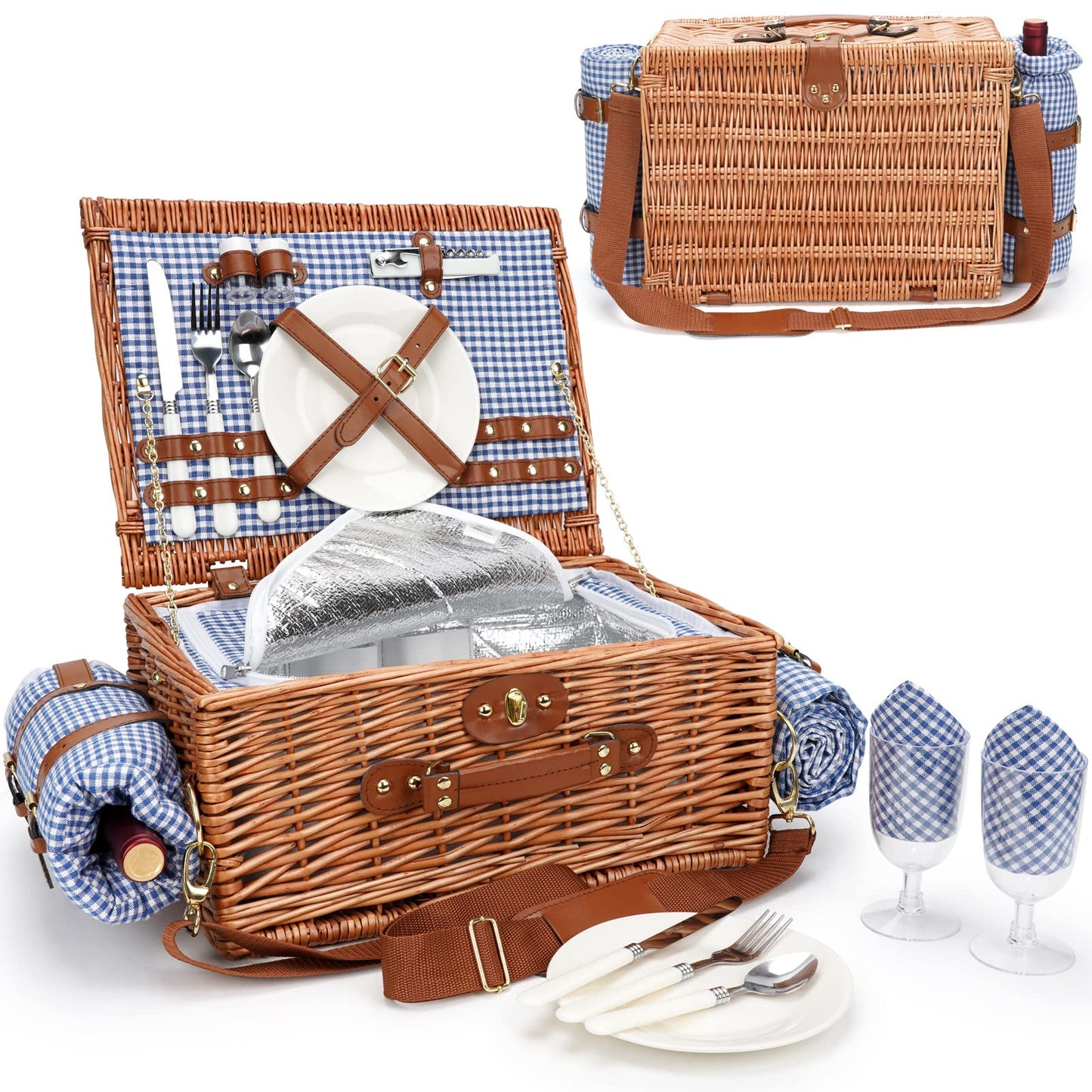 Picknickkorb-Set für 2 Personen mit Kühlfach, [Bo] Blue & White 2 Personen