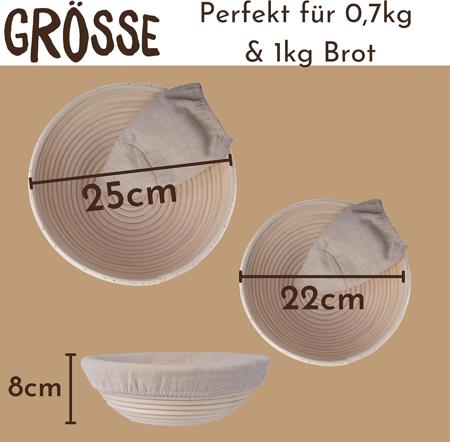 2er-Set Gärkörbe mit Teigschaber, Set Rund (22 + 25cm)