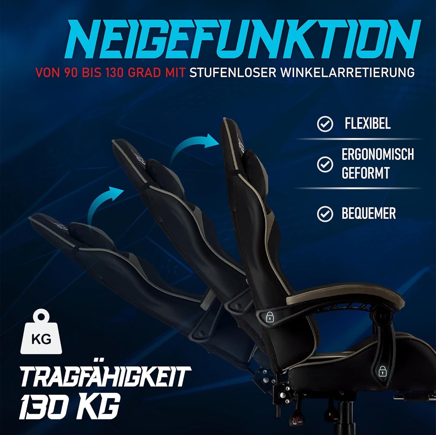 Ergonomischer Gaming-Stuhl mit Lendenwirbelstütze und Fussstütze, Grau
