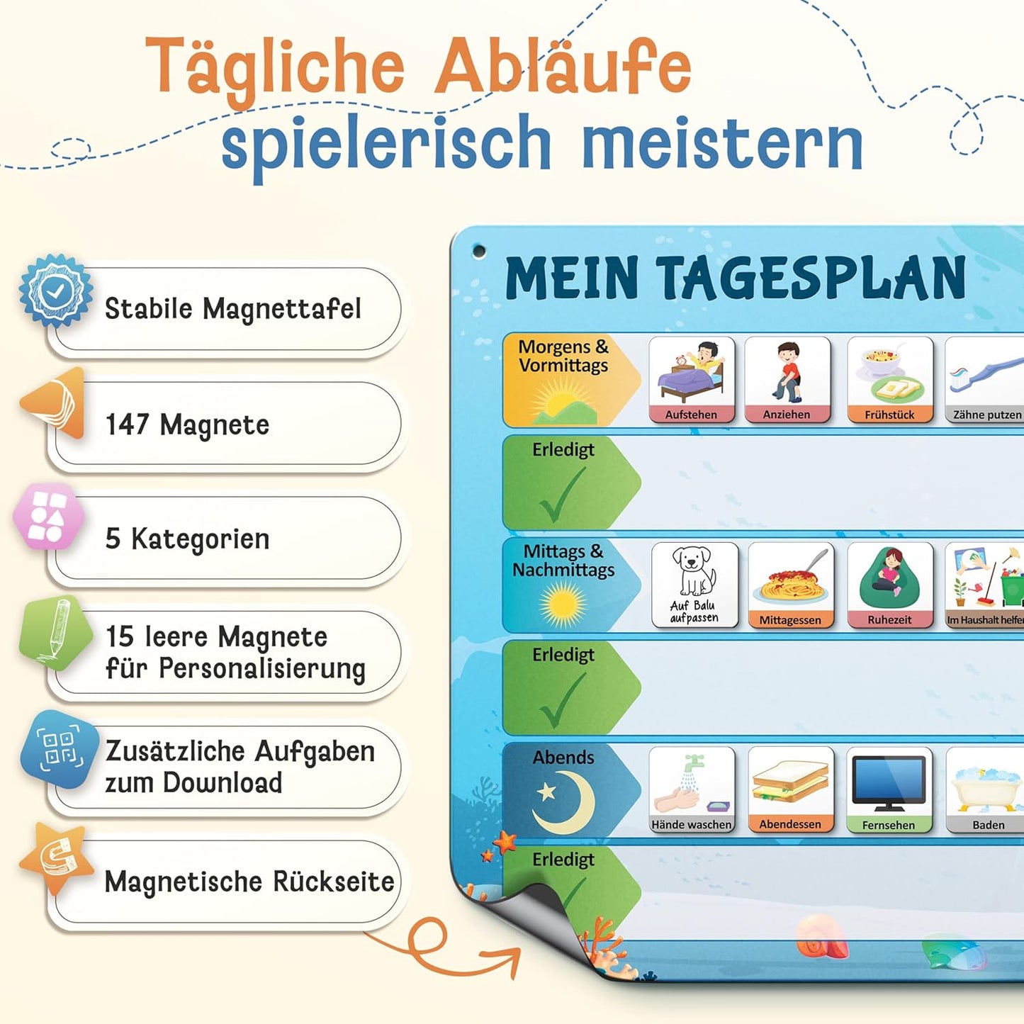 Montessori Tagesplaner und Magnettafel Kinder, Blau Tagesplan