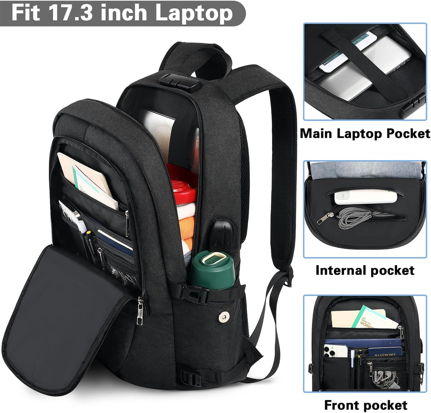 Laptop-Rucksack mit USB, 17.3 inch Schwarz