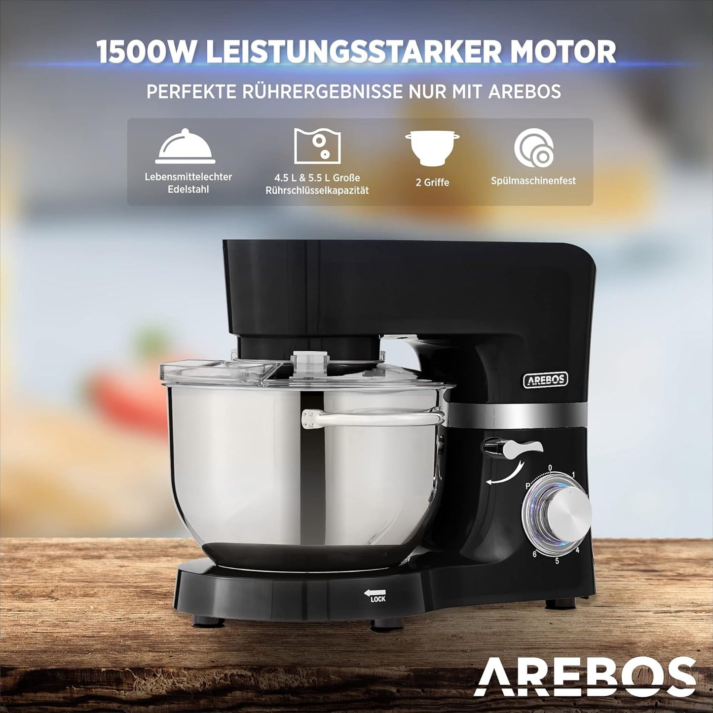 Küchenmaschine mit Edelstahl-Rührschüsseln, Schwarz