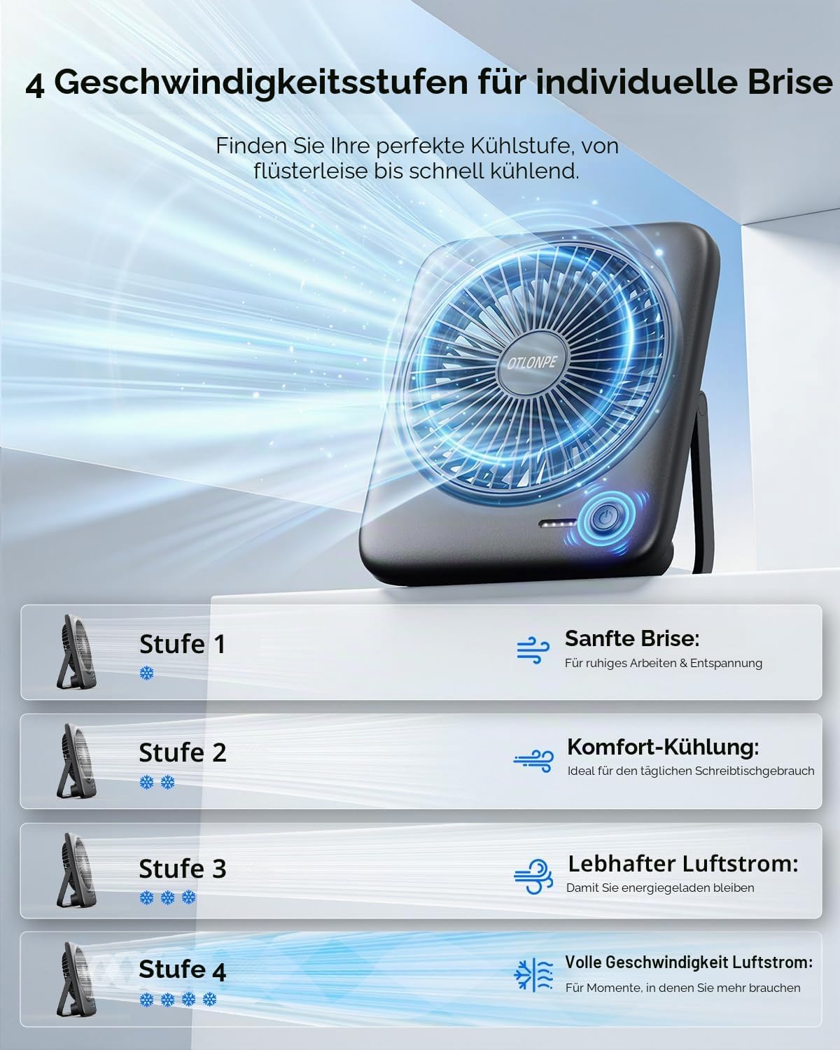 Tischventilator mit Akku, 4 Geschwindigkeiten, Schwarz