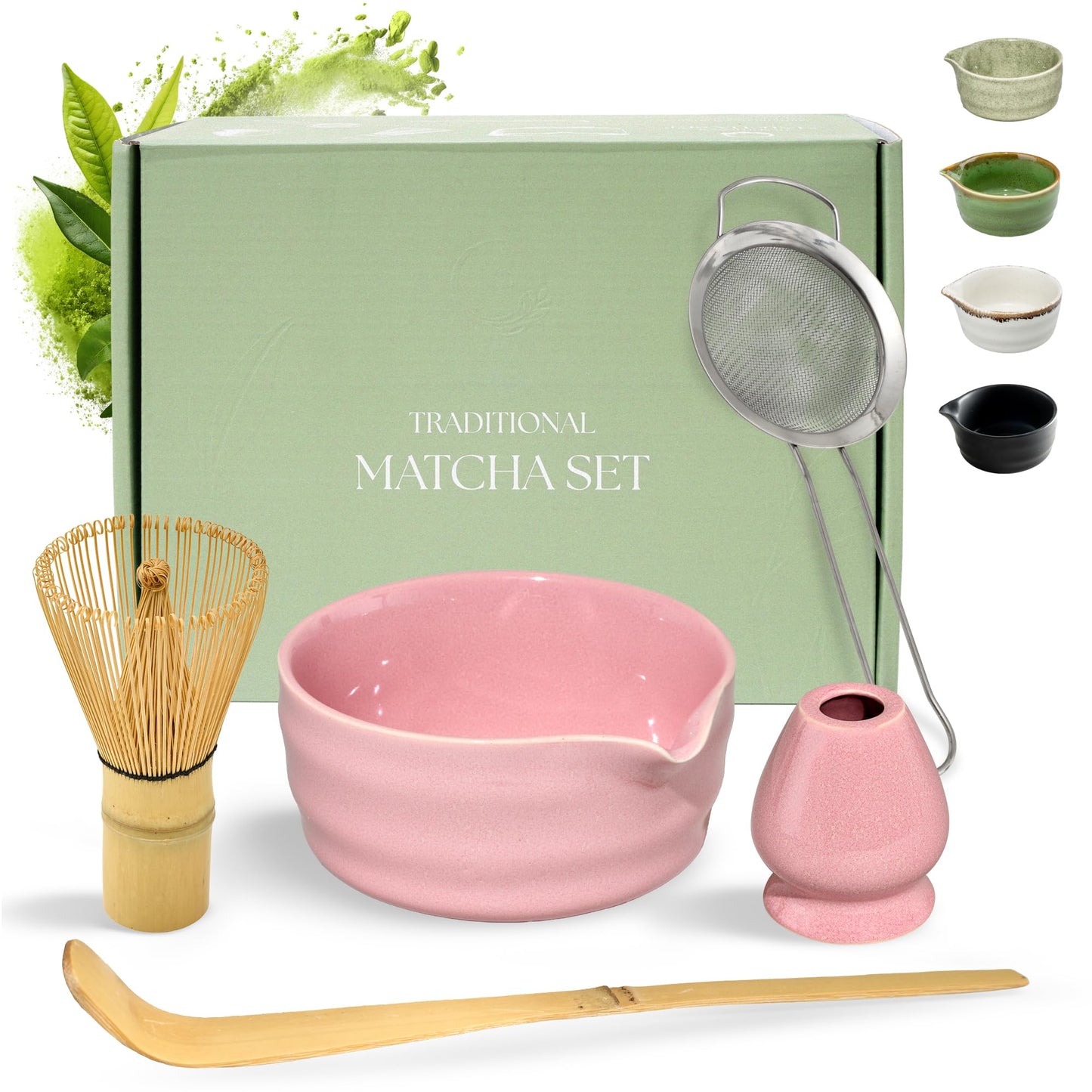 Matcha Tee-Set mit Besen und Schale, 5-teilig, Rosa