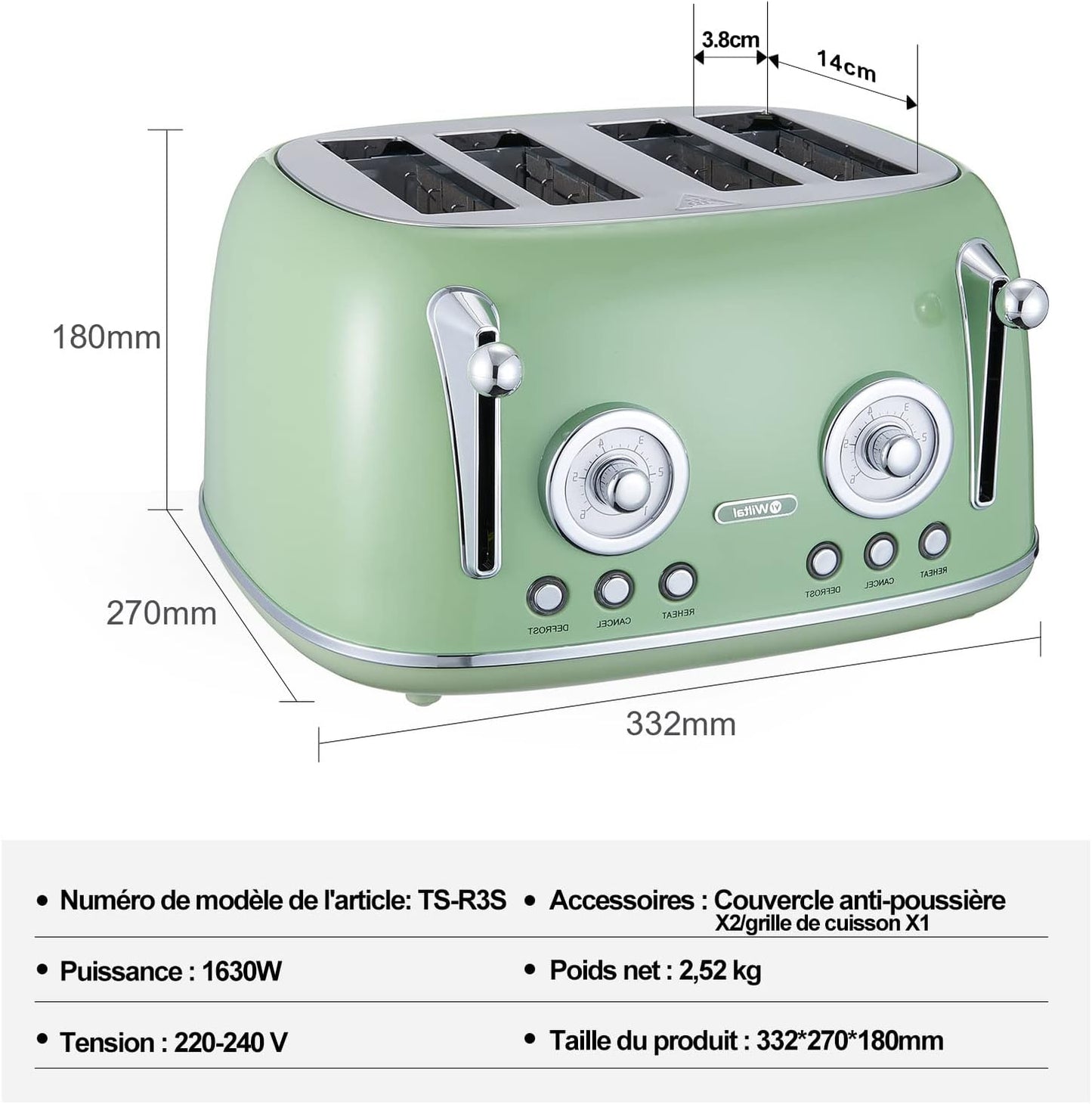 Retro Toaster TS-R3S mit integrierten Brötchenaufsatz, Helles Grün
