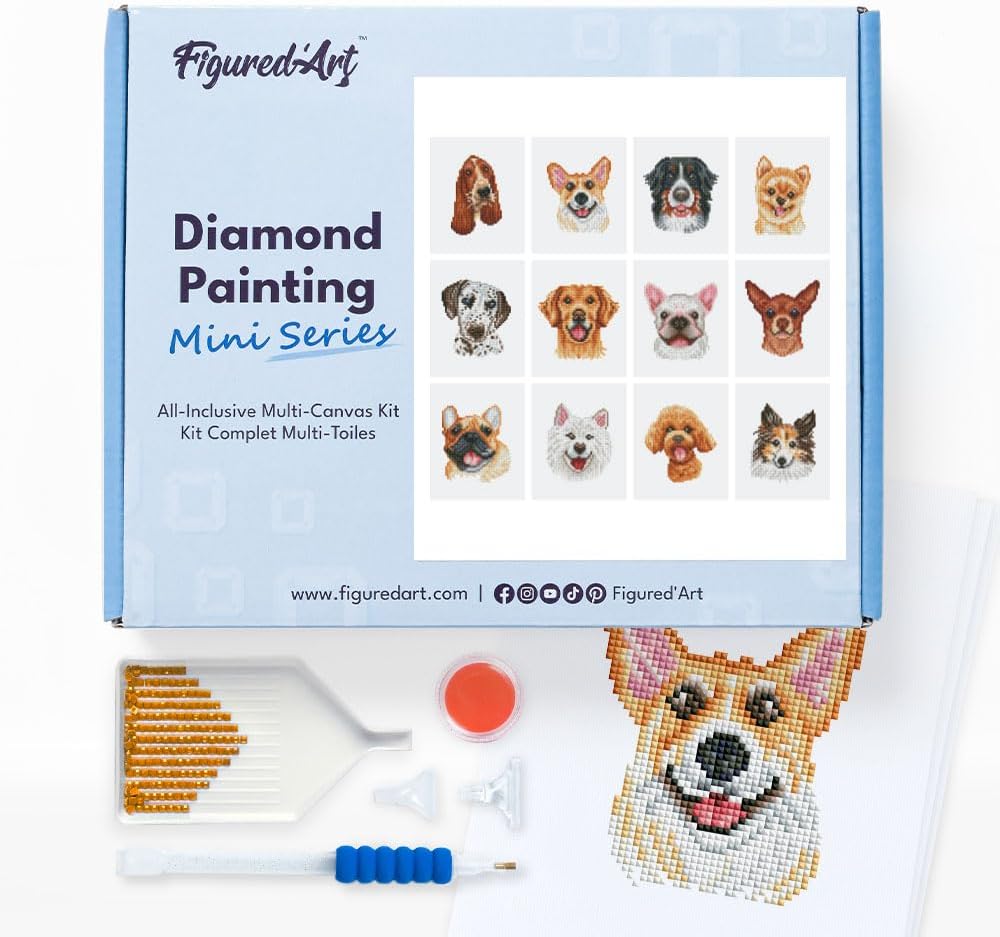 Mini Serie Diamond Painting Set mit 12 Stück, Hundeporträts PROBLEMYOUMUSTCHECK