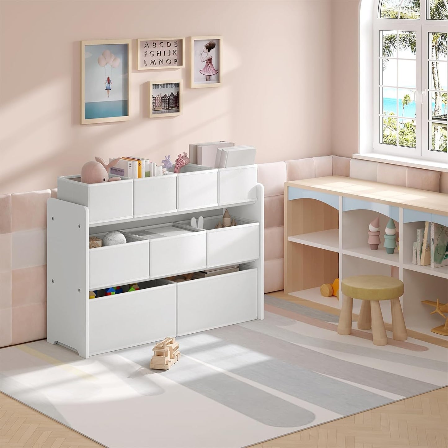 Kinder-Aufbewahrungsregal mit 9 Boxen, Weiß 92x30x60/68cm