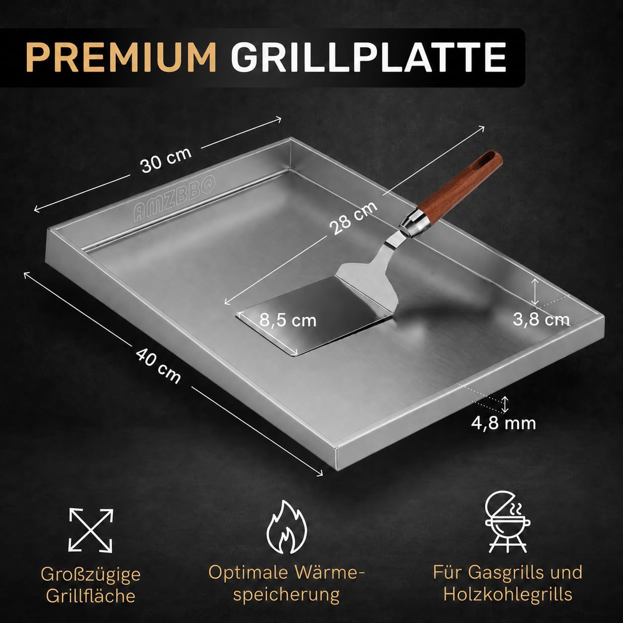 Premium Plancha Set aus Edelstahl, 40 x 30 x 3.8 cm