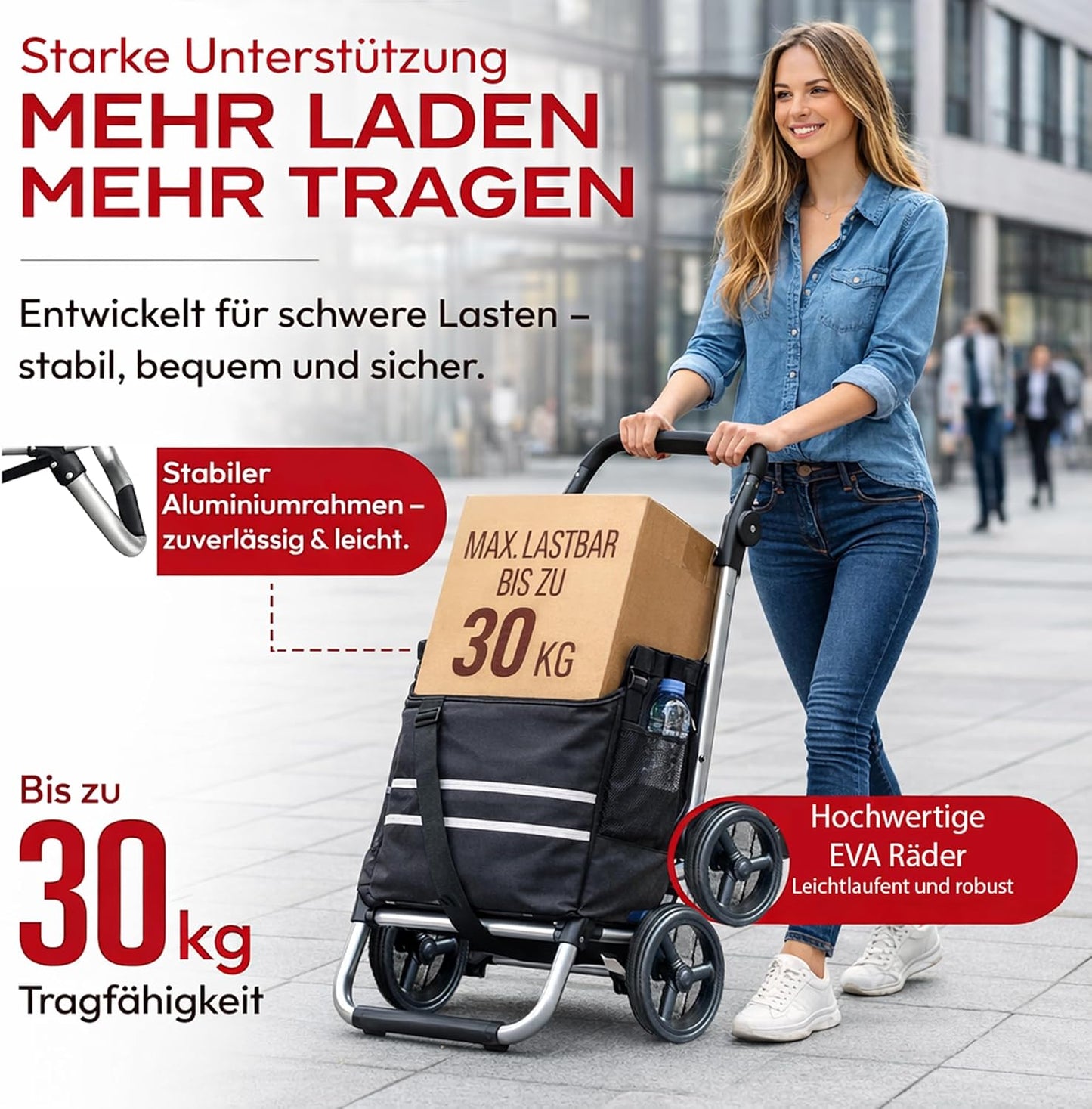 Faltbarer Einkaufstrolley mit Kühlfach, 57L, 30kg, Schwarz Standardrad