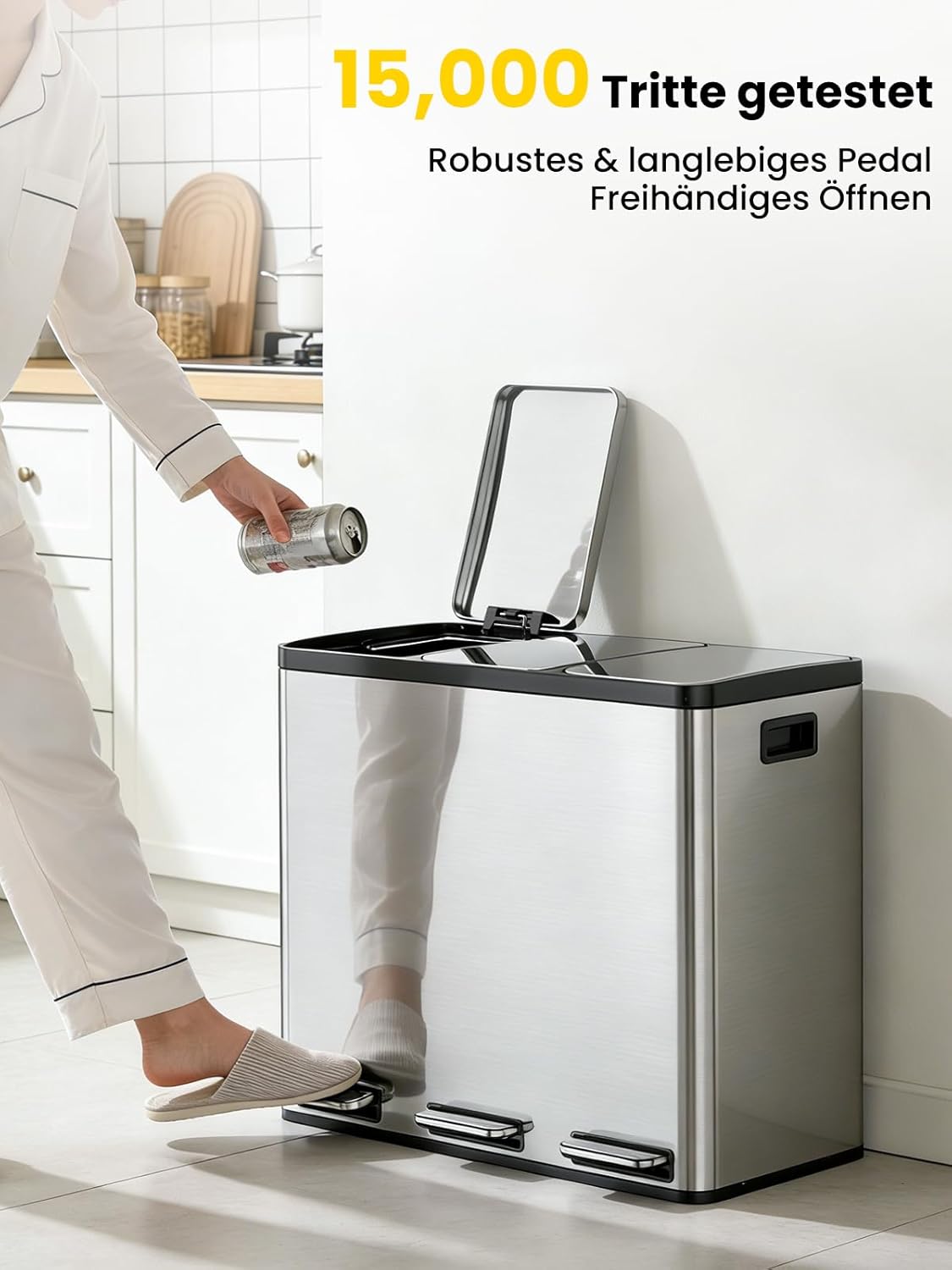 3-teiliger Treteimer mit Soft Close Deckel, Silber 54L