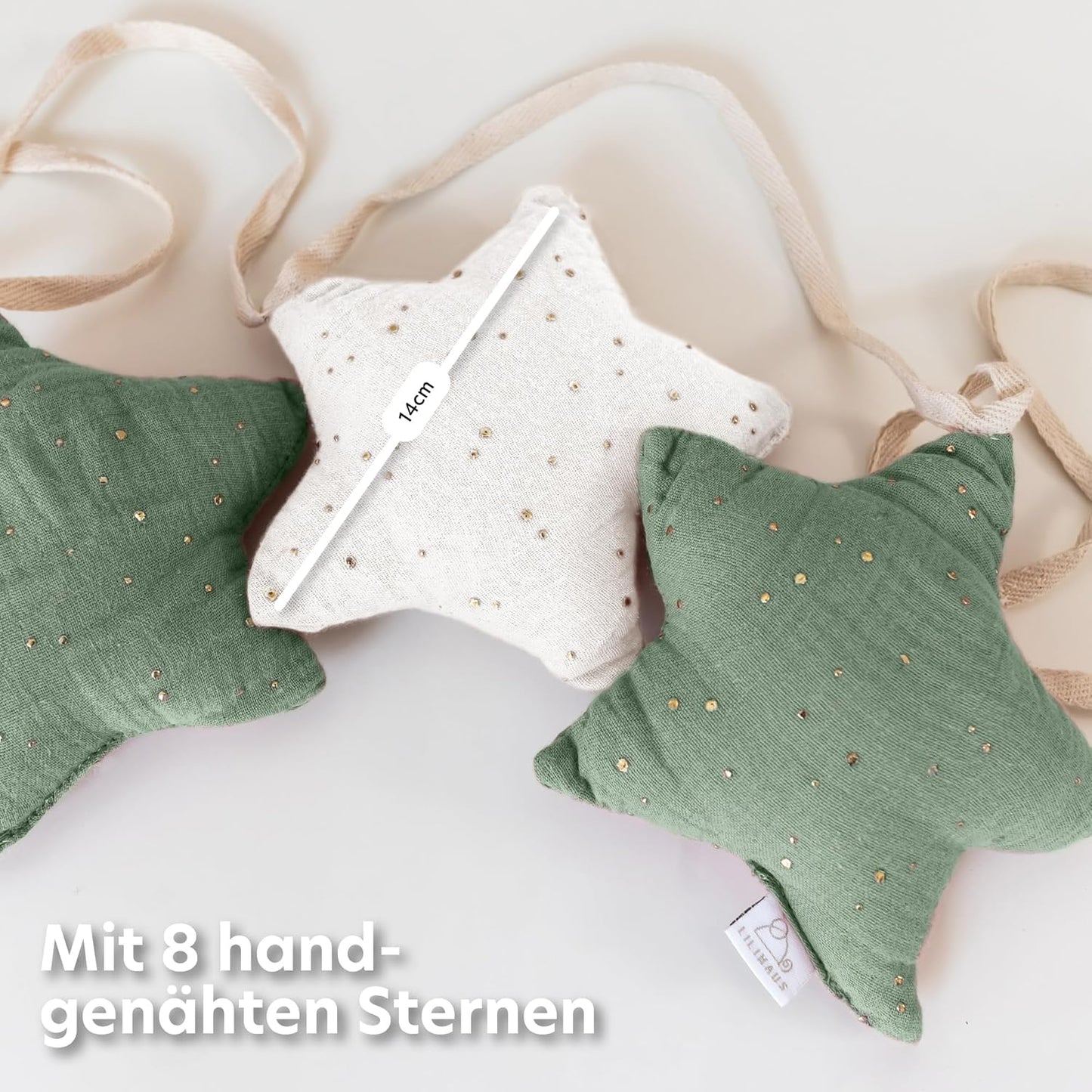 Sternenkette mit Goldapplikation, Weiss & Eukalyptus Sterne mit Goldapplikation