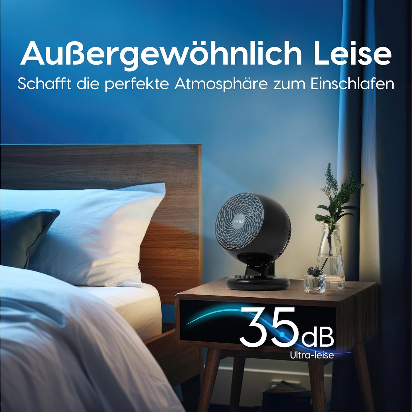 Woozoo PCF-M18 - Leiser Tischventilator mit Oszillation und Neigung, Schwarz Oszillierend/Globus