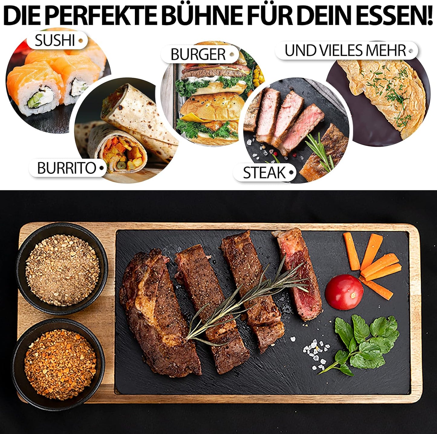 2er-Set Steak- & Servierbrett mit Schieferplatte, Luis