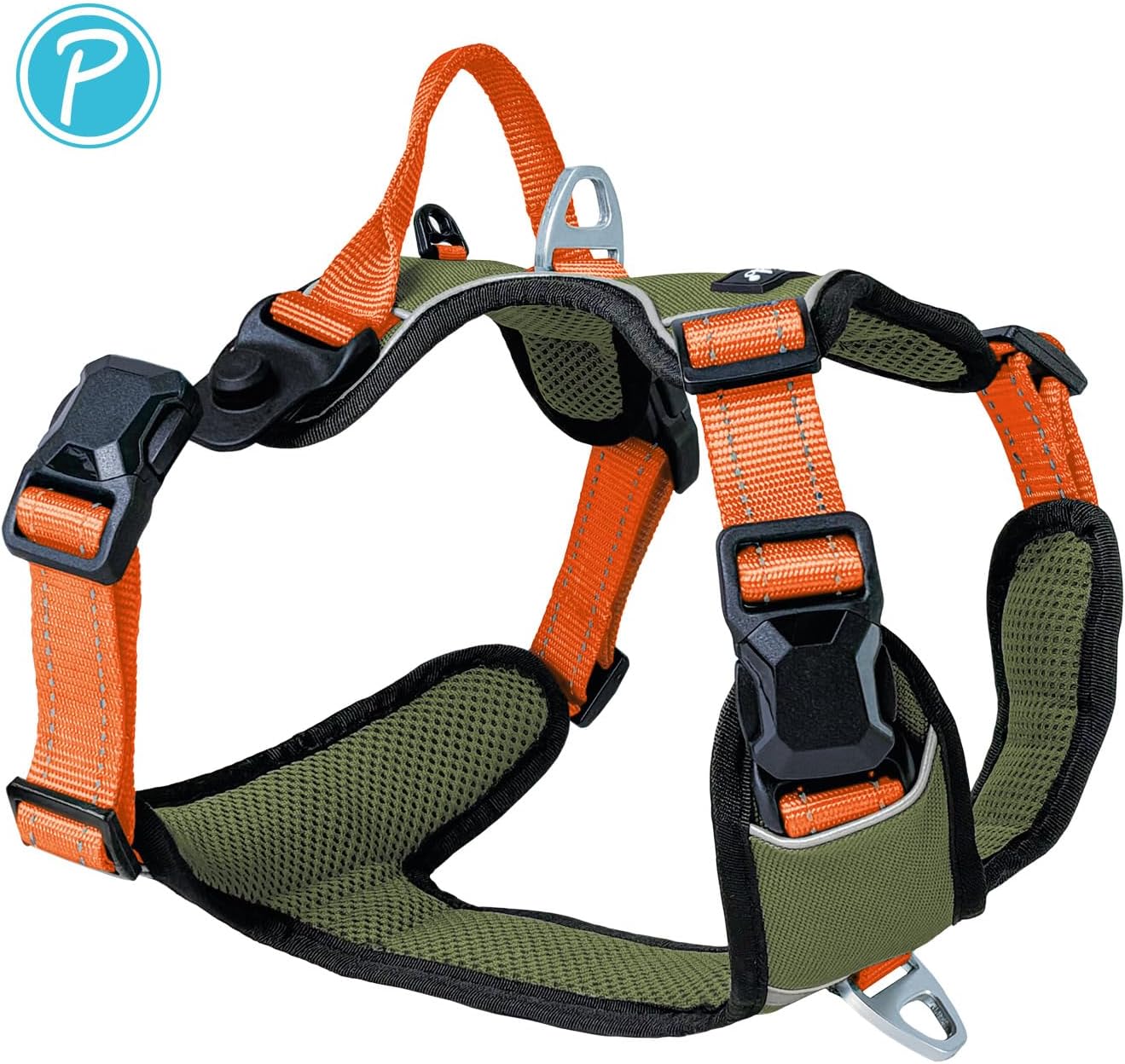 Hundegeschirr Magnetech mit Magnetschnalle und Griff, reflektierend, Olive/ Orange XL