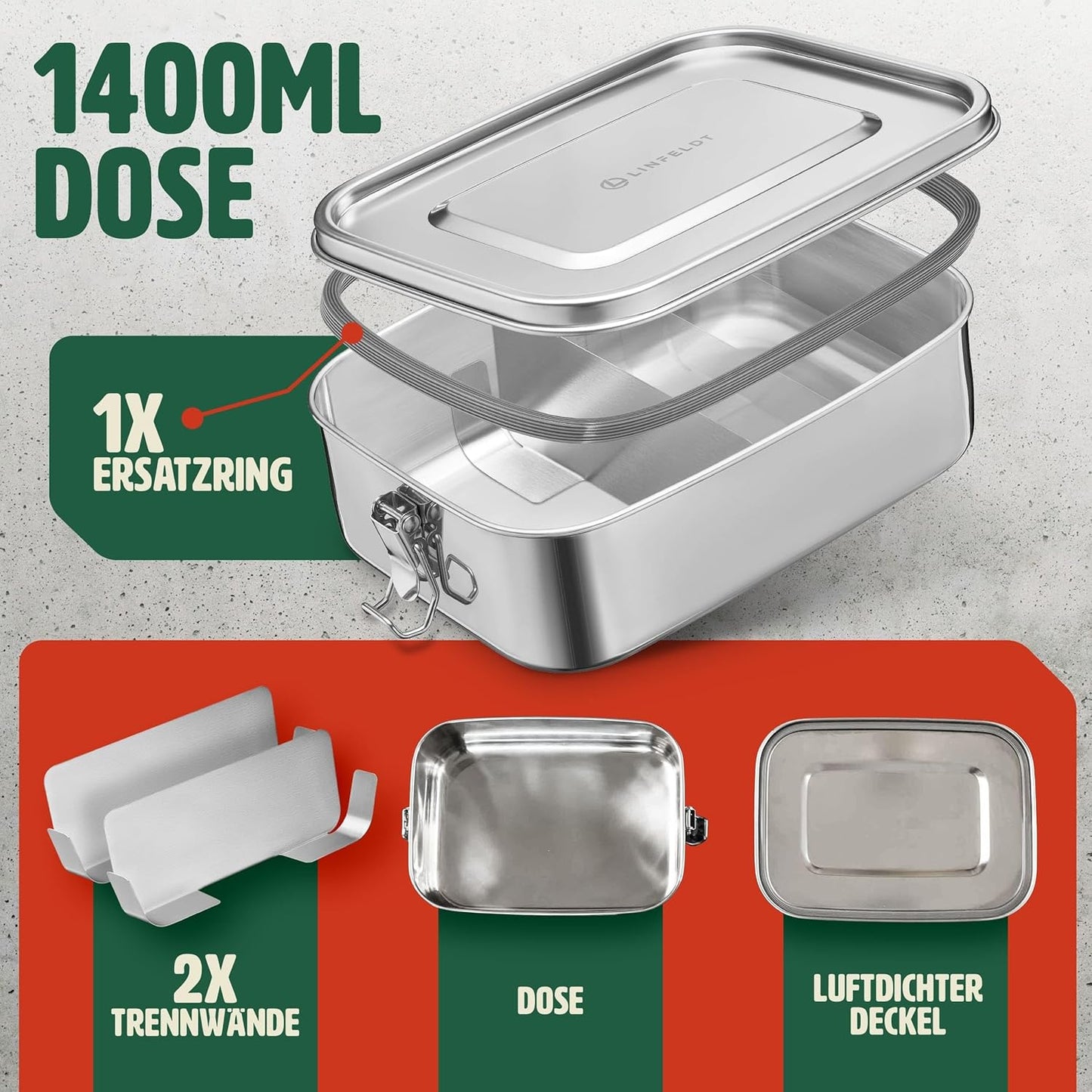 Brotdose mit 3 Fächern, Edelstahl 1400ml